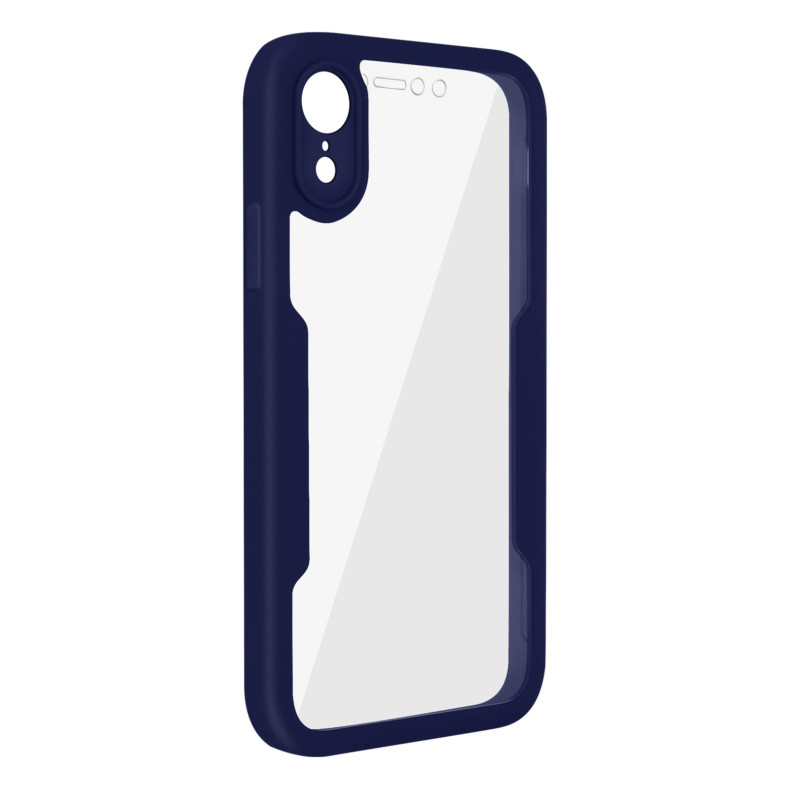 Custodia blu navy per telefono, frontale trasparente. Sfondo bianco.