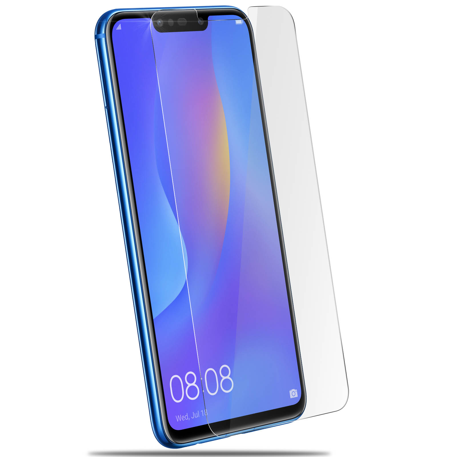 Telefono blu con protezione schermo. Lo schermo mostra ora e data, vista angolata, sfondo bianco.