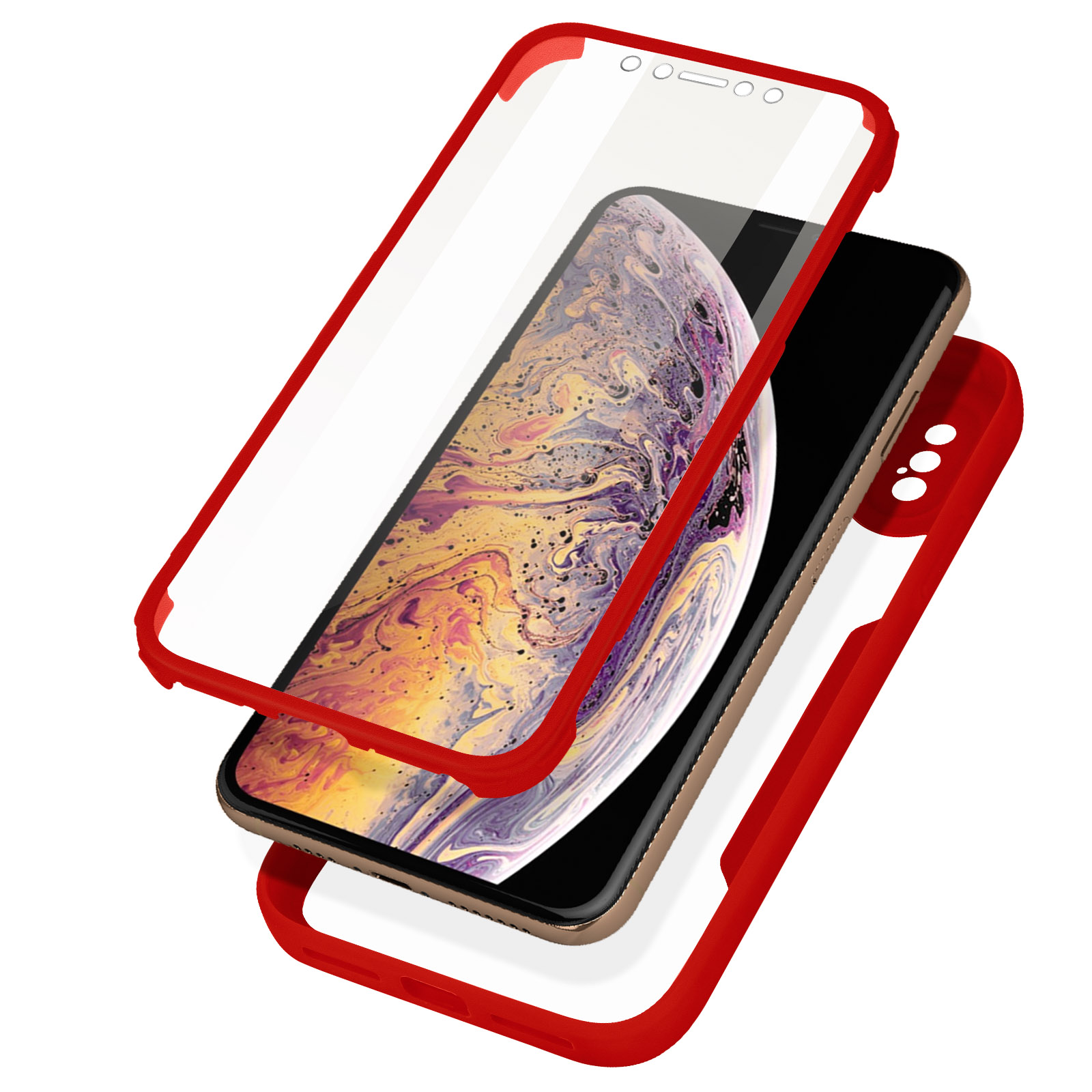 Cornice rossa per custodia del telefono. Il telefono all'interno ha uno sfondo colorato e uno schermo nero.