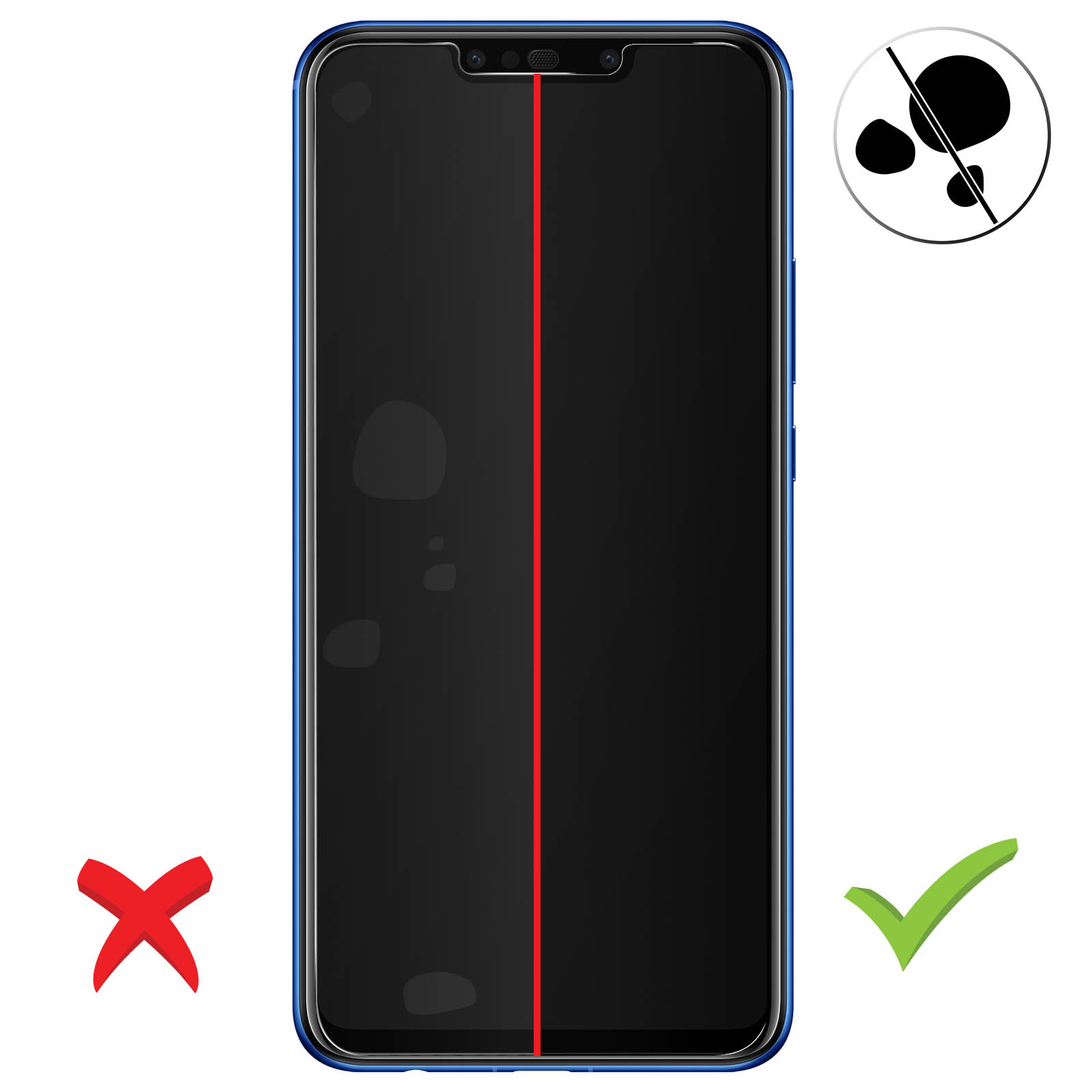 Parte anteriore di un telefono. Linea rossa al centro. Spunta e X su entrambi i lati.