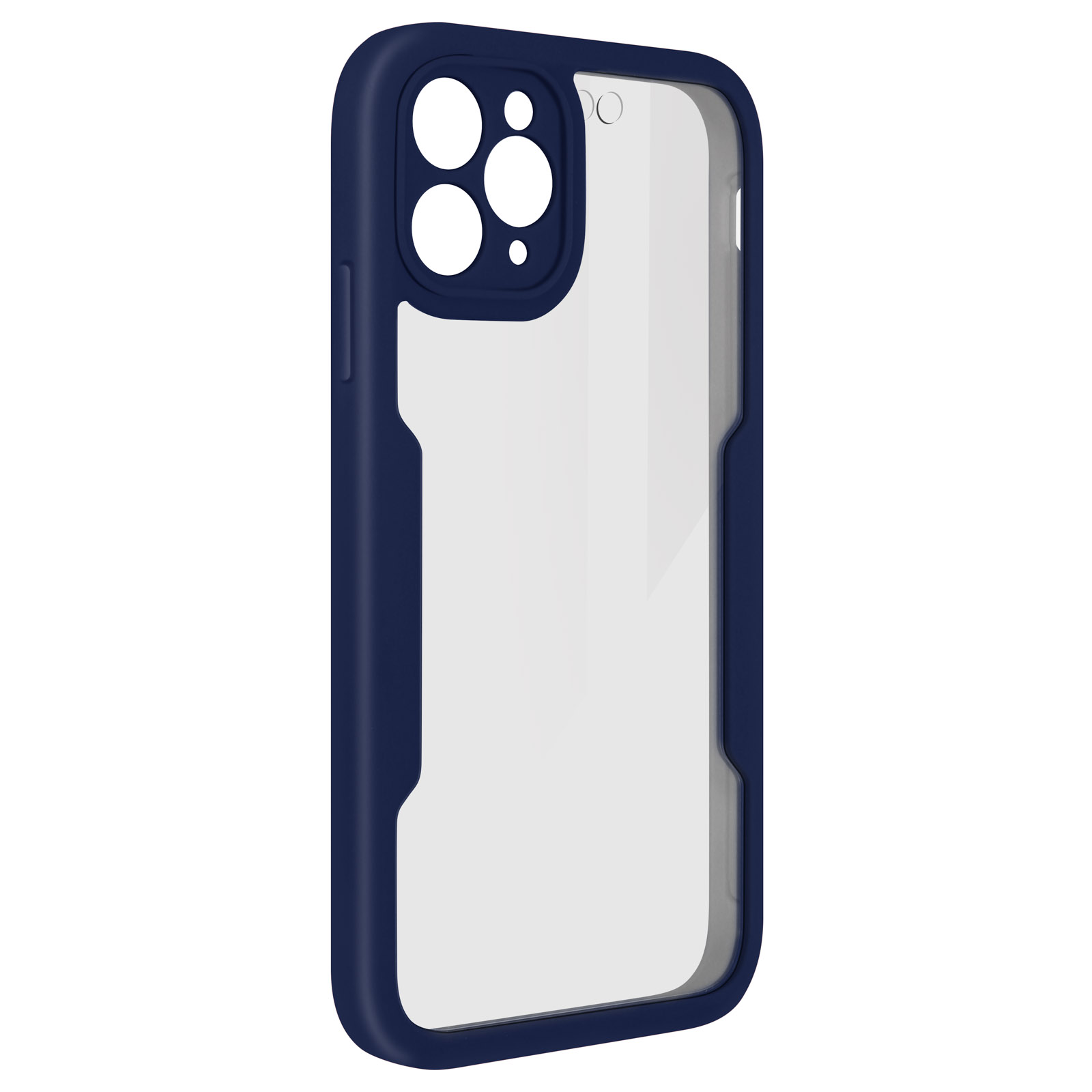 Custodia per telefono blu e trasparente, con ritagli per fotocamera e retro trasparente.