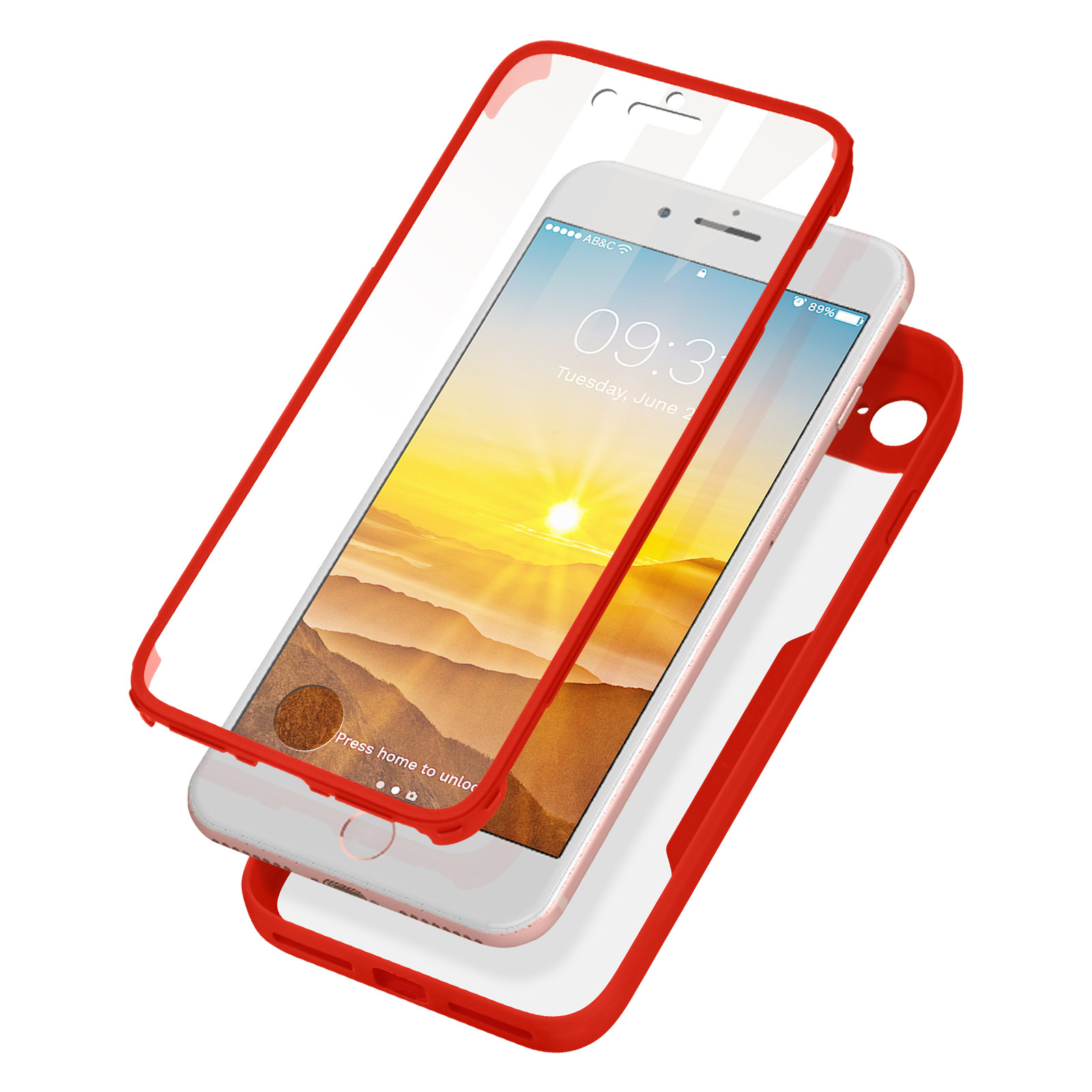 Telefono con cornice rossa e protezione schermo trasparente. Il telefono è bianco, mostra l'ora.