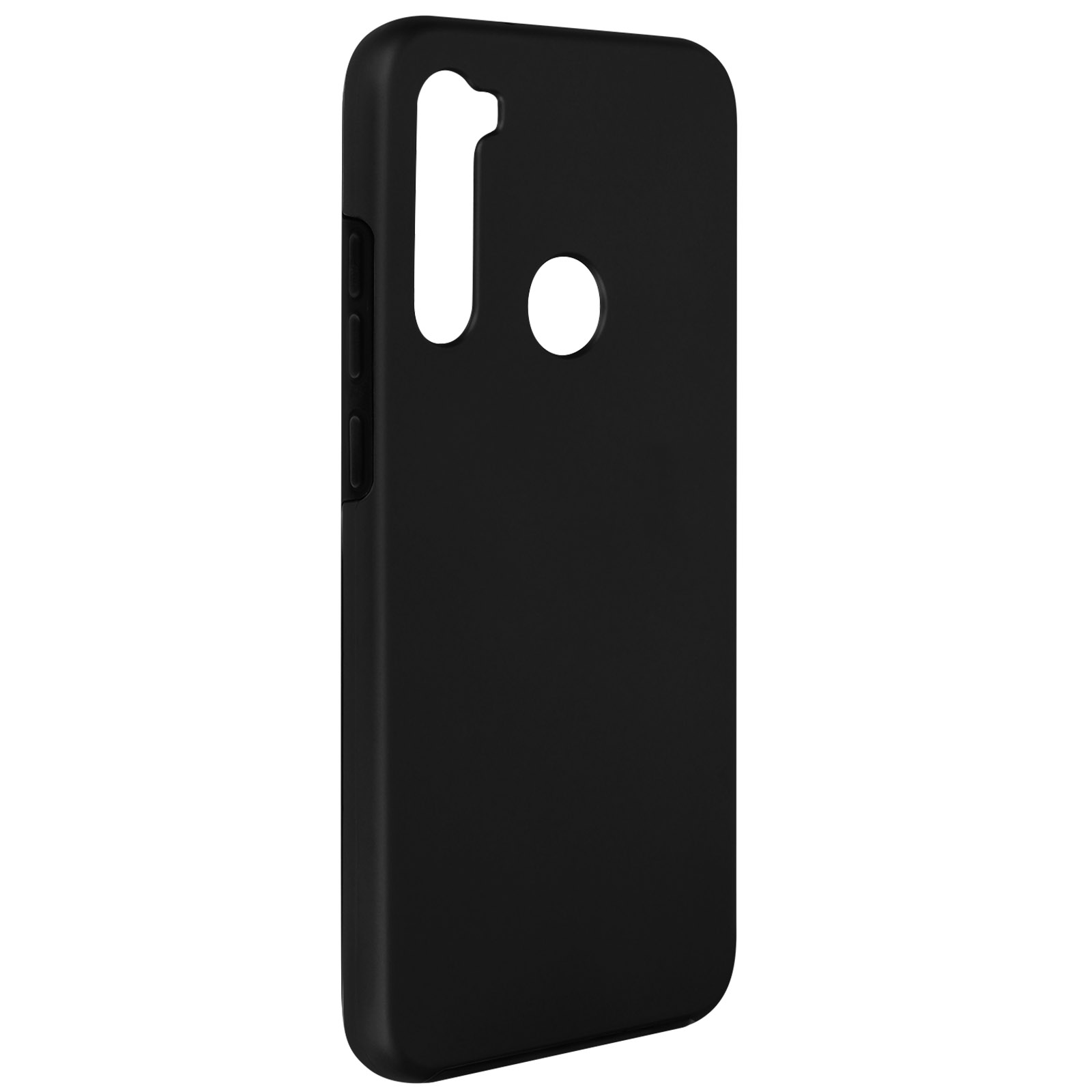 Een zwarte telefoonhoes wordt getoond. De zijkant is zichtbaar met knoppen en een uitsparing.