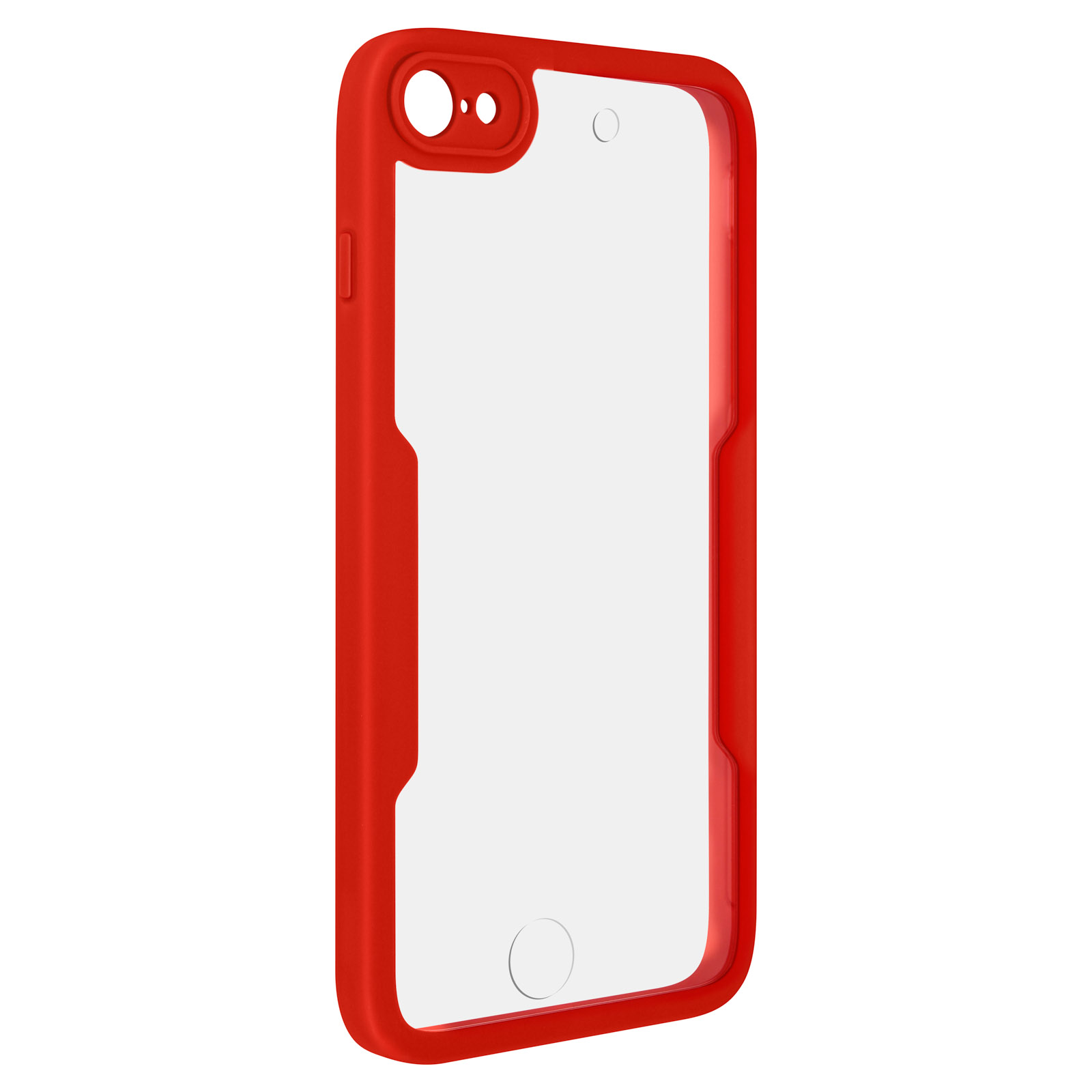 Una custodia per telefono rossa, con un centro trasparente, vista frontalmente.