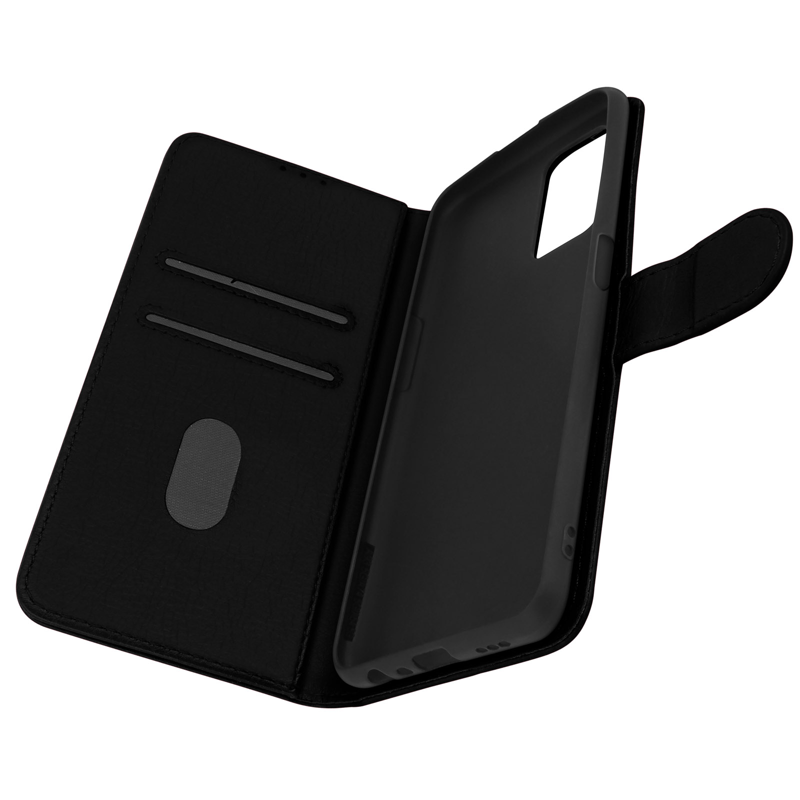 Étui de téléphone en cuir noir ouvert avec un téléphone à l'intérieur. L'intérieur a des fentes pour cartes.