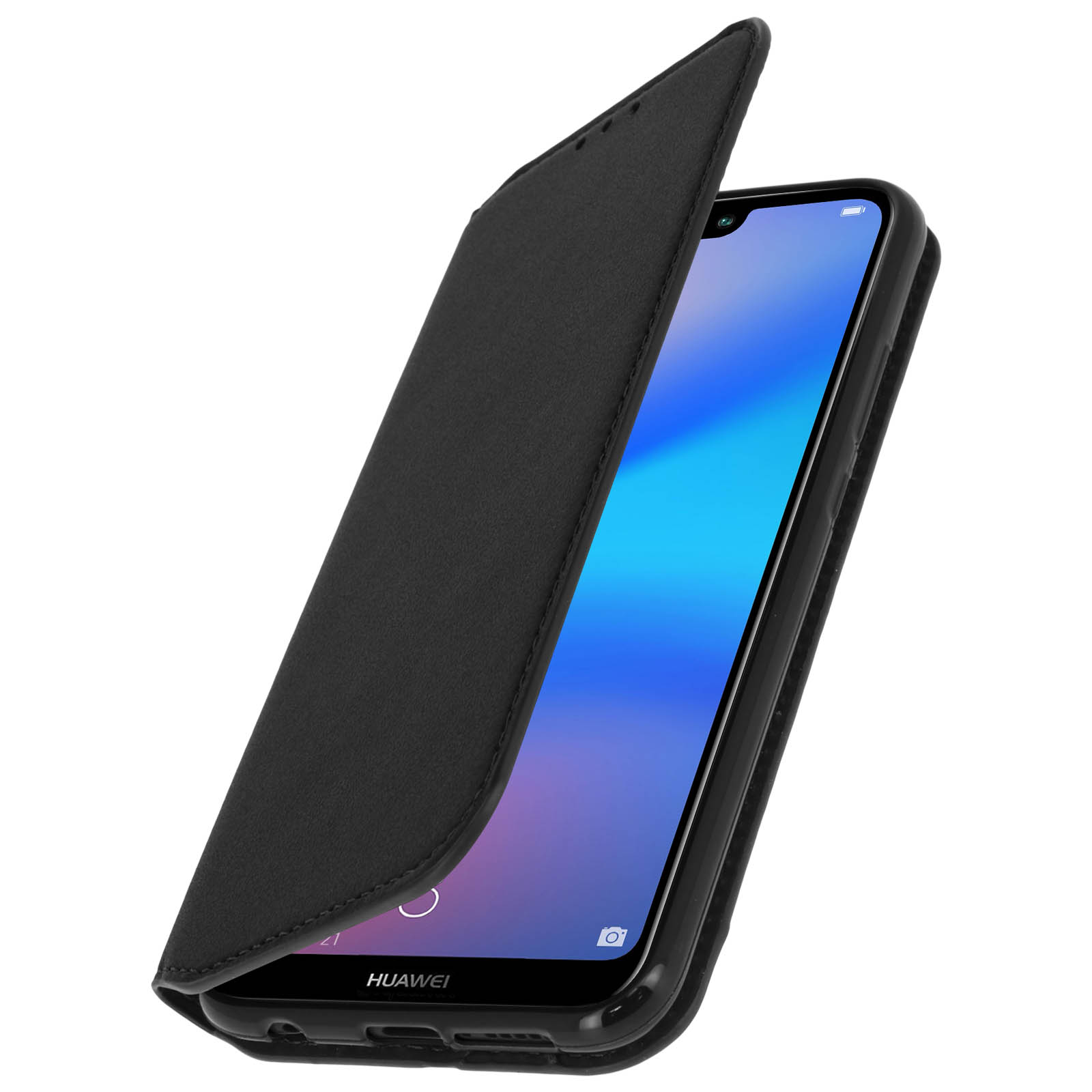 Custodia per telefono nera, aperta, con un telefono all'interno, su un tavolo.