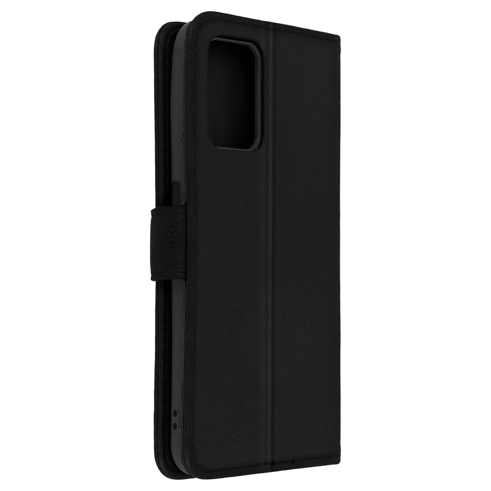 Coque de téléphone noire, fermée, avec une texture cuir. Fond noir. Vue latérale de la coque.