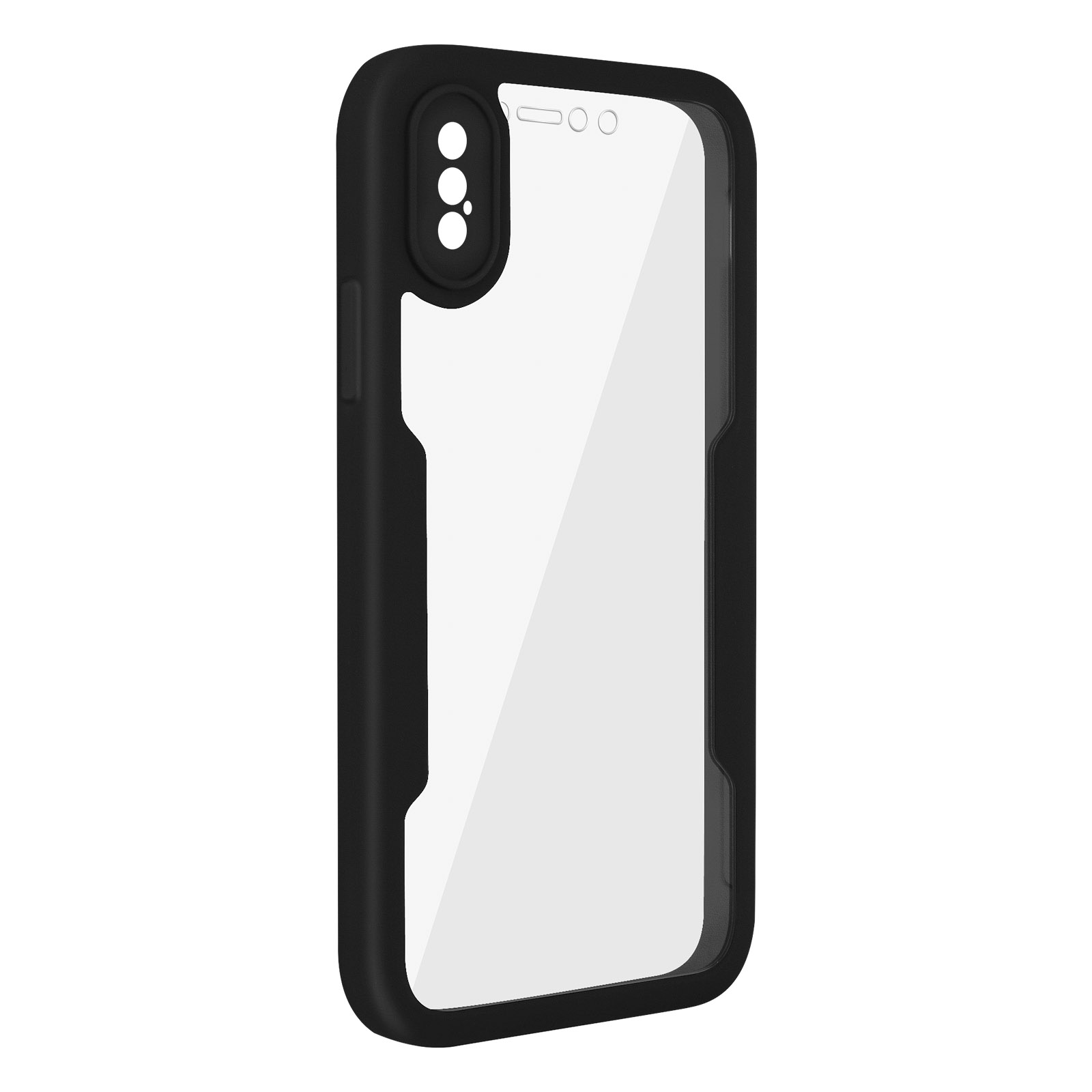 Custodia trasparente nera per telefono, tre fori per fotocamera.