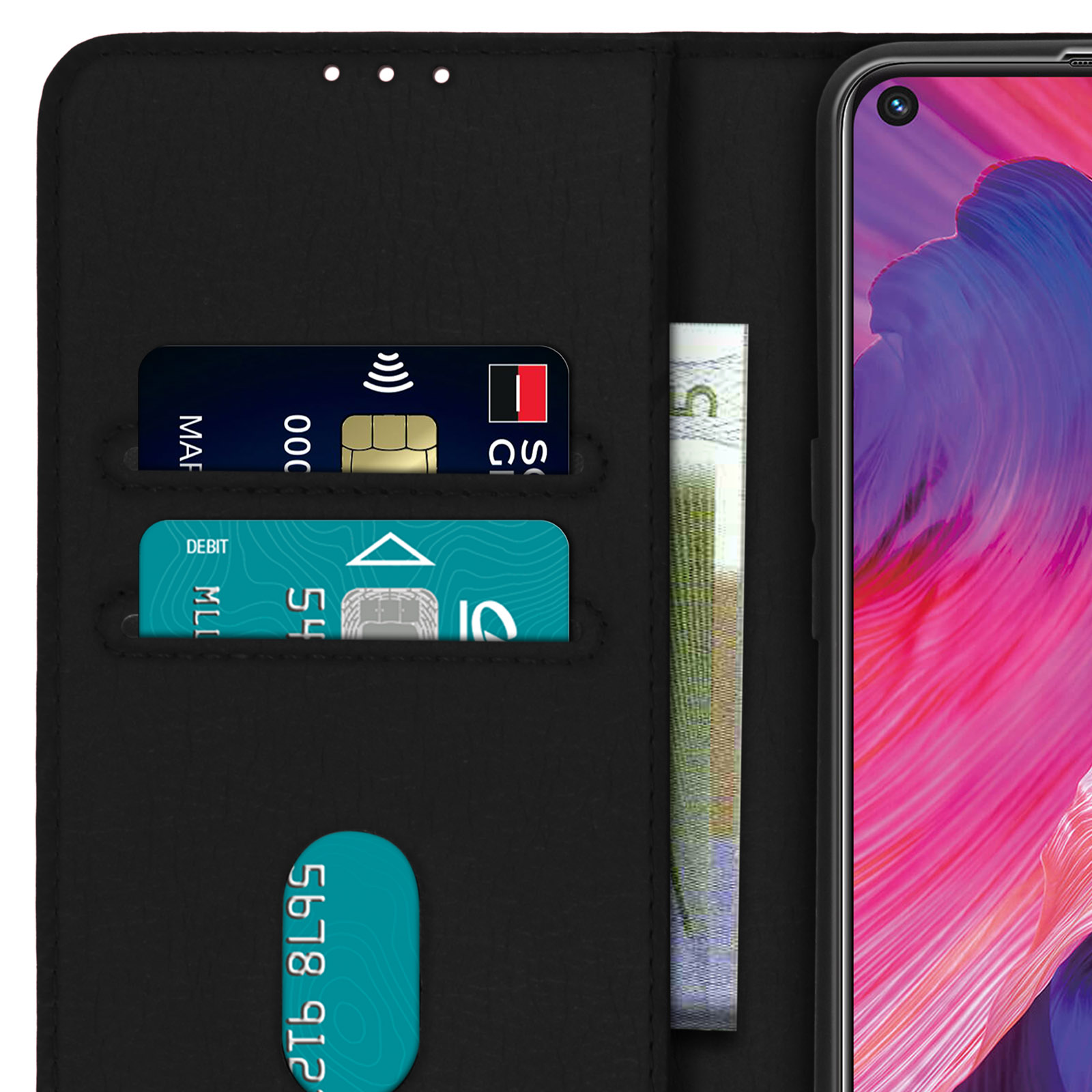 Étui de téléphone ouvert, affichant cartes de crédit, espèces et écran, couleur noire.