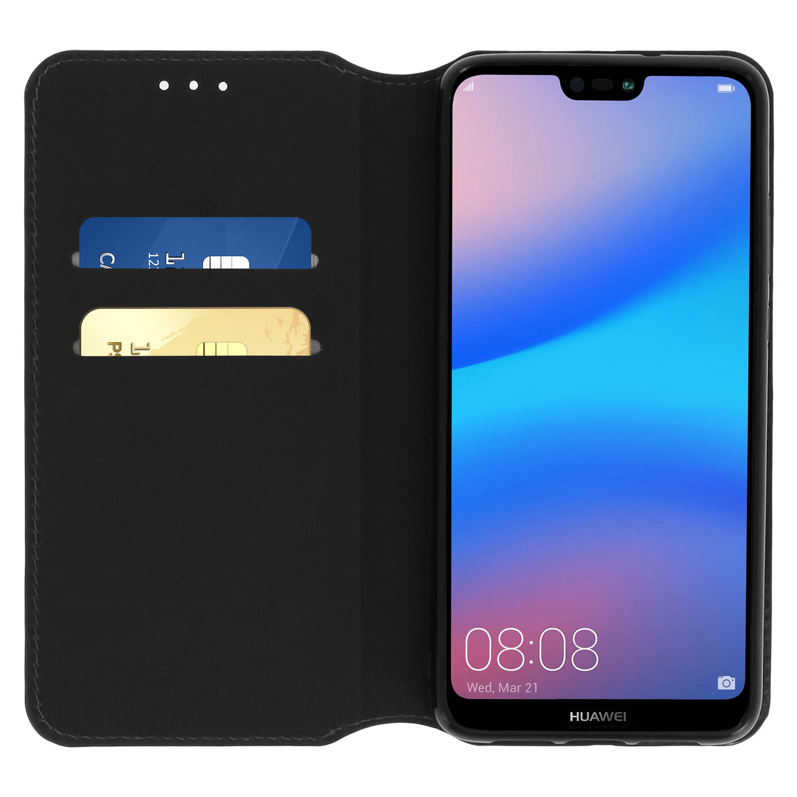 Un telefono in una custodia nera, che mostra l'ora e la data. Ci sono fessure per carte sulla custodia.