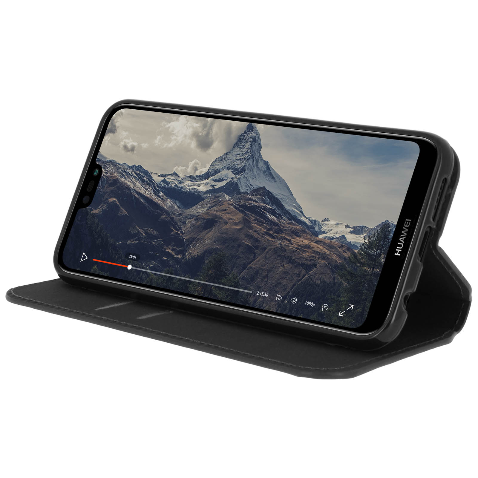 Telefono in custodia nera, schermo mostra video di una montagna. Custodia aperta.