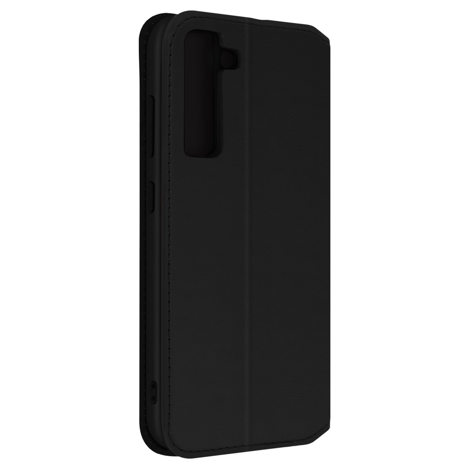 Coque de téléphone noire, fermée, avec une texture lisse semblable au cuir.