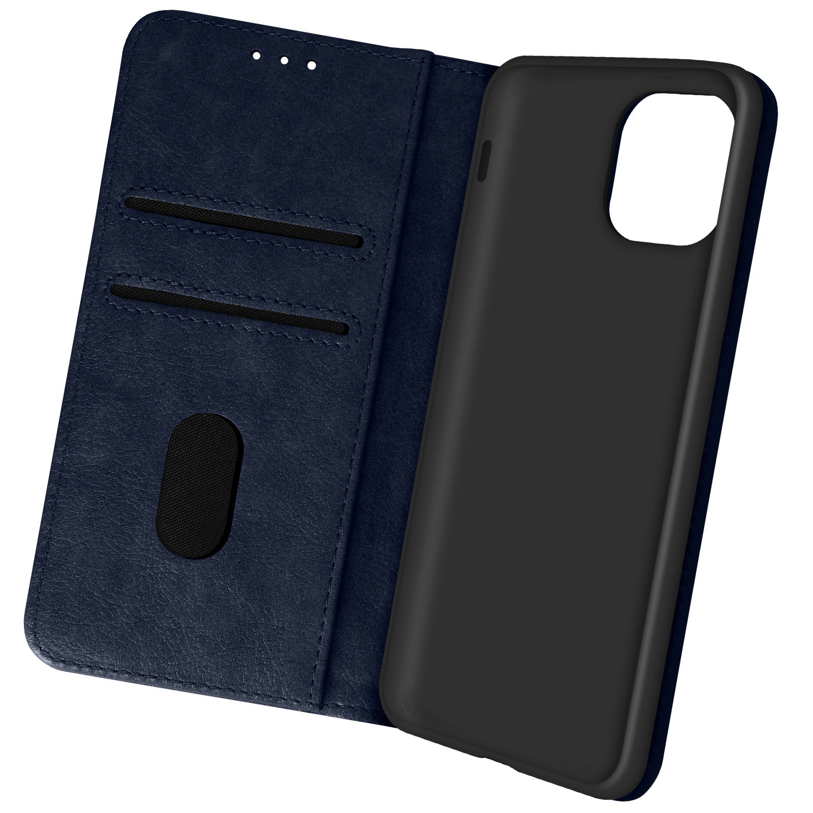 Custodia a portafoglio blu navy con scomparti per telefono e carte. Aperta, mostrando il telefono.