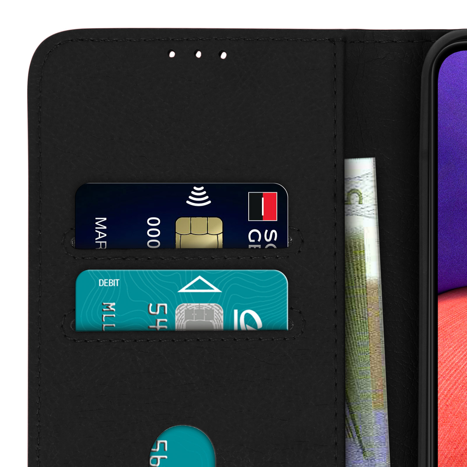 Coque de téléphone ouverte, avec deux emplacements pour cartes et vue des cartes à l'intérieur.