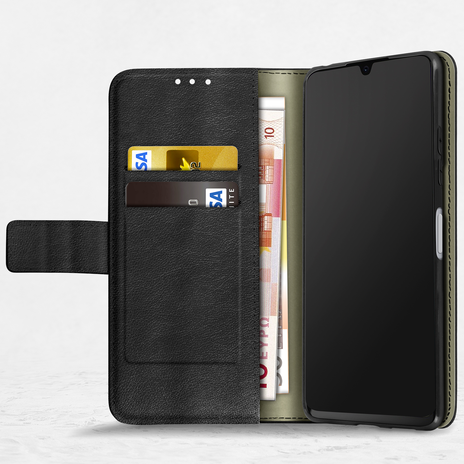 Custodia per telefono aperta con carte e denaro all'interno. Un telefono a destra. La custodia è nera e verde.