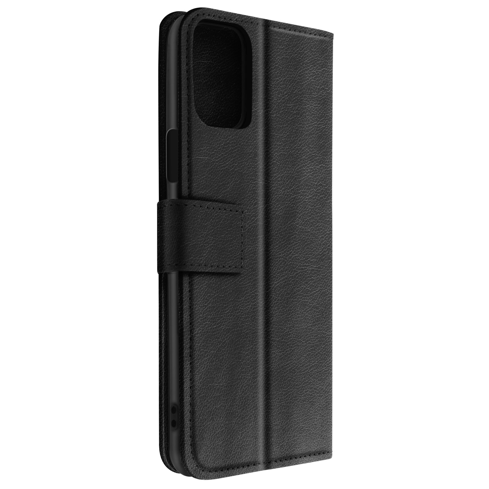 Étui de téléphone noir fermé. L'étui est fermé et possède une lanière. Le fond est blanc.