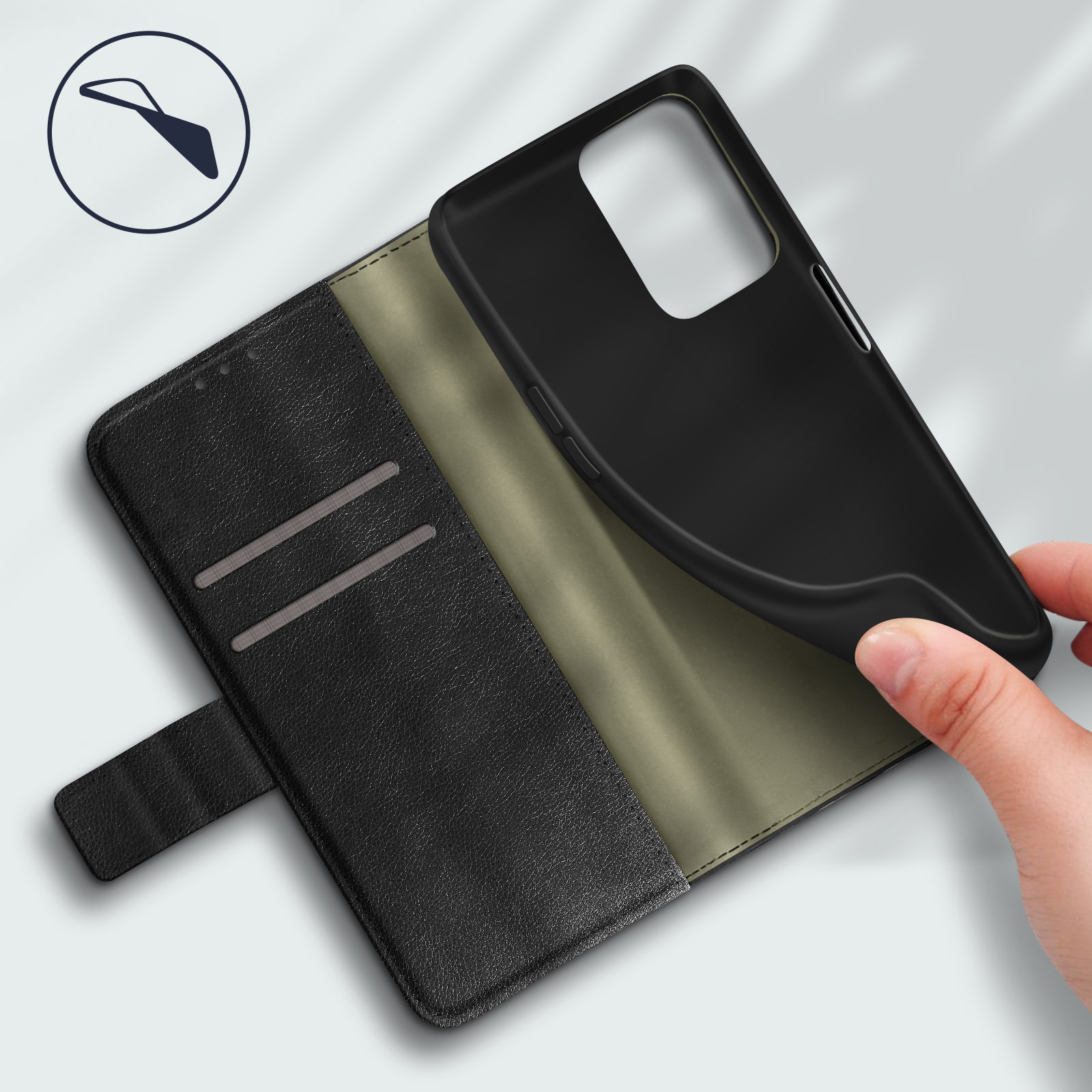 Main retirant un téléphone d'un étui noir. L'étui est ouvert, avec un intérieur vert foncé. Graphique dans le coin.