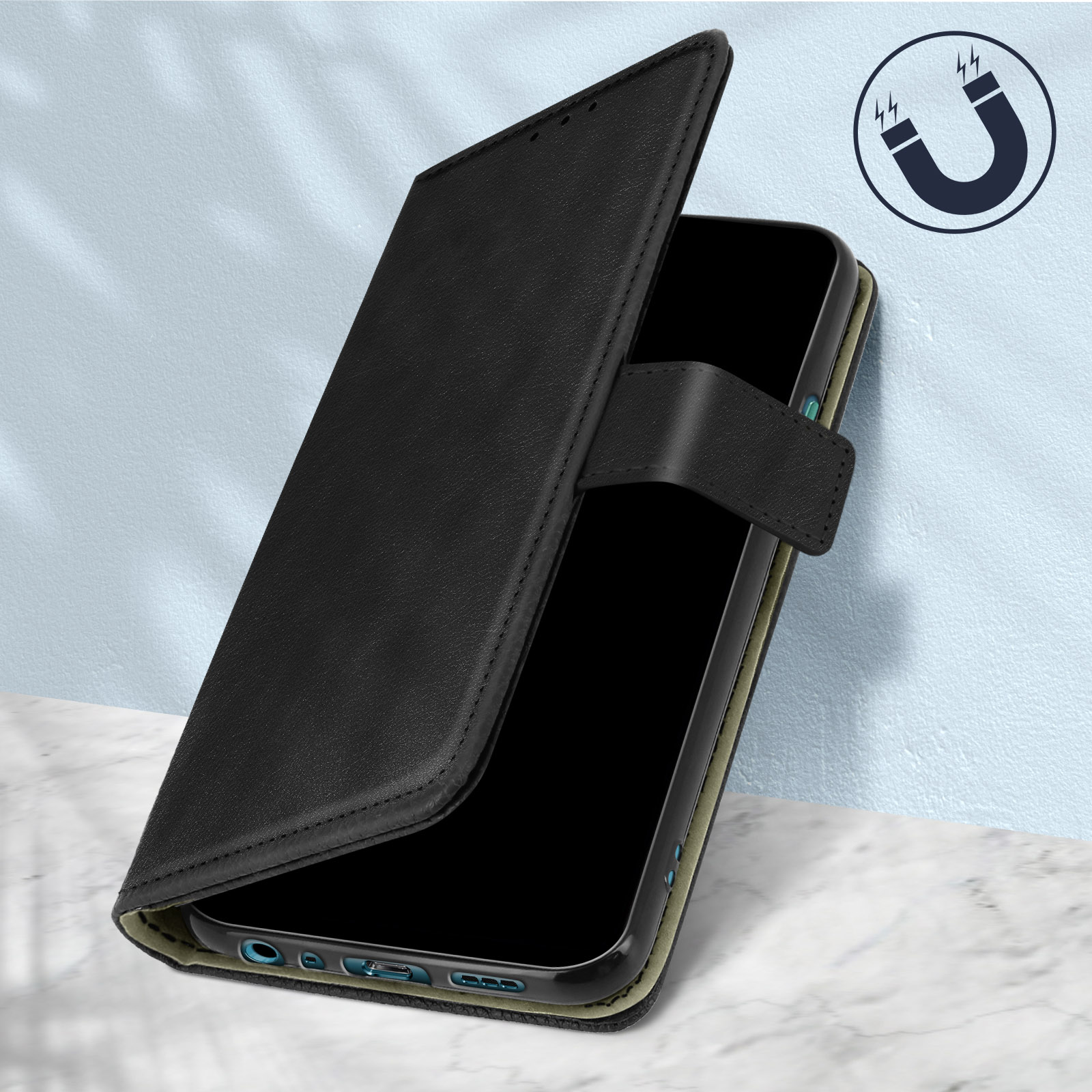 Une coque de téléphone noire ouverte pour révéler un téléphone, avec un symbole magnétique en haut.