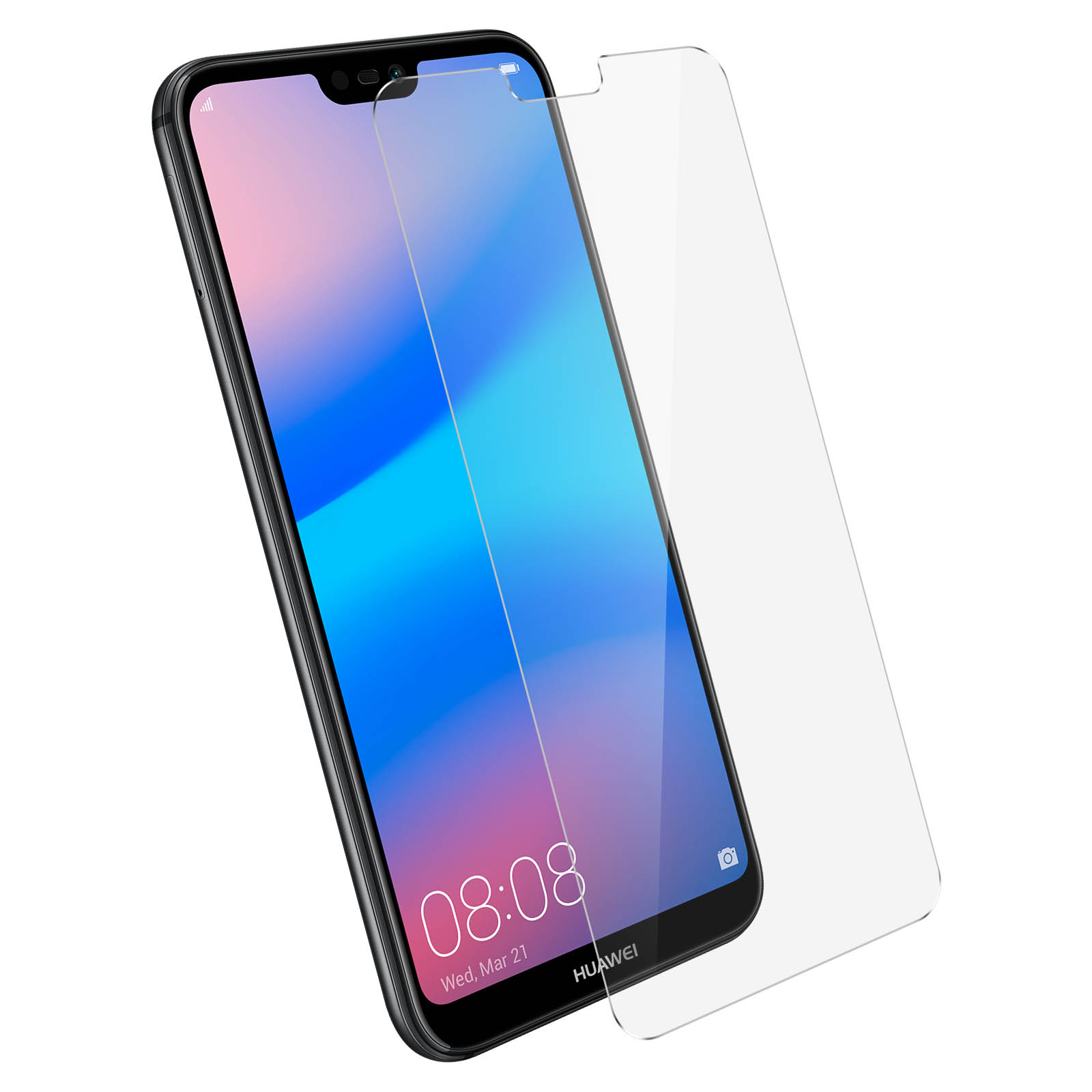 Telefono con protezione schermo, angolato, su sfondo bianco.