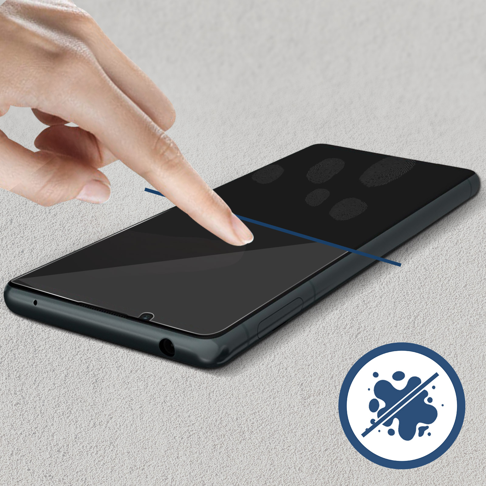 Dito tocca lo schermo del telefono con impronte digitali. Linea blu indica la direzione. Icona antimacchia.