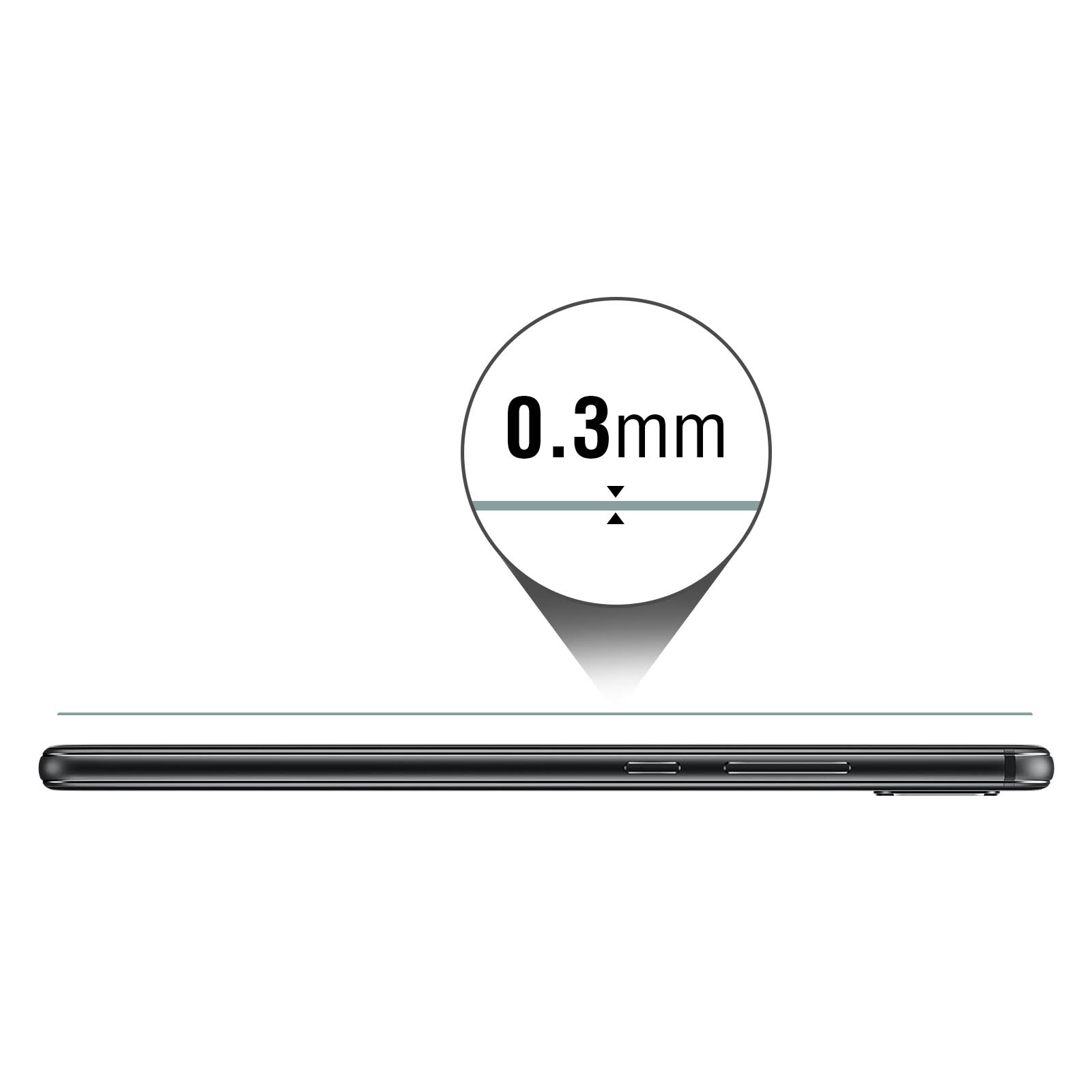 Telefono nero, vista laterale, con etichetta di misurazione da 0,3 mm in un cerchio, sfondo bianco.