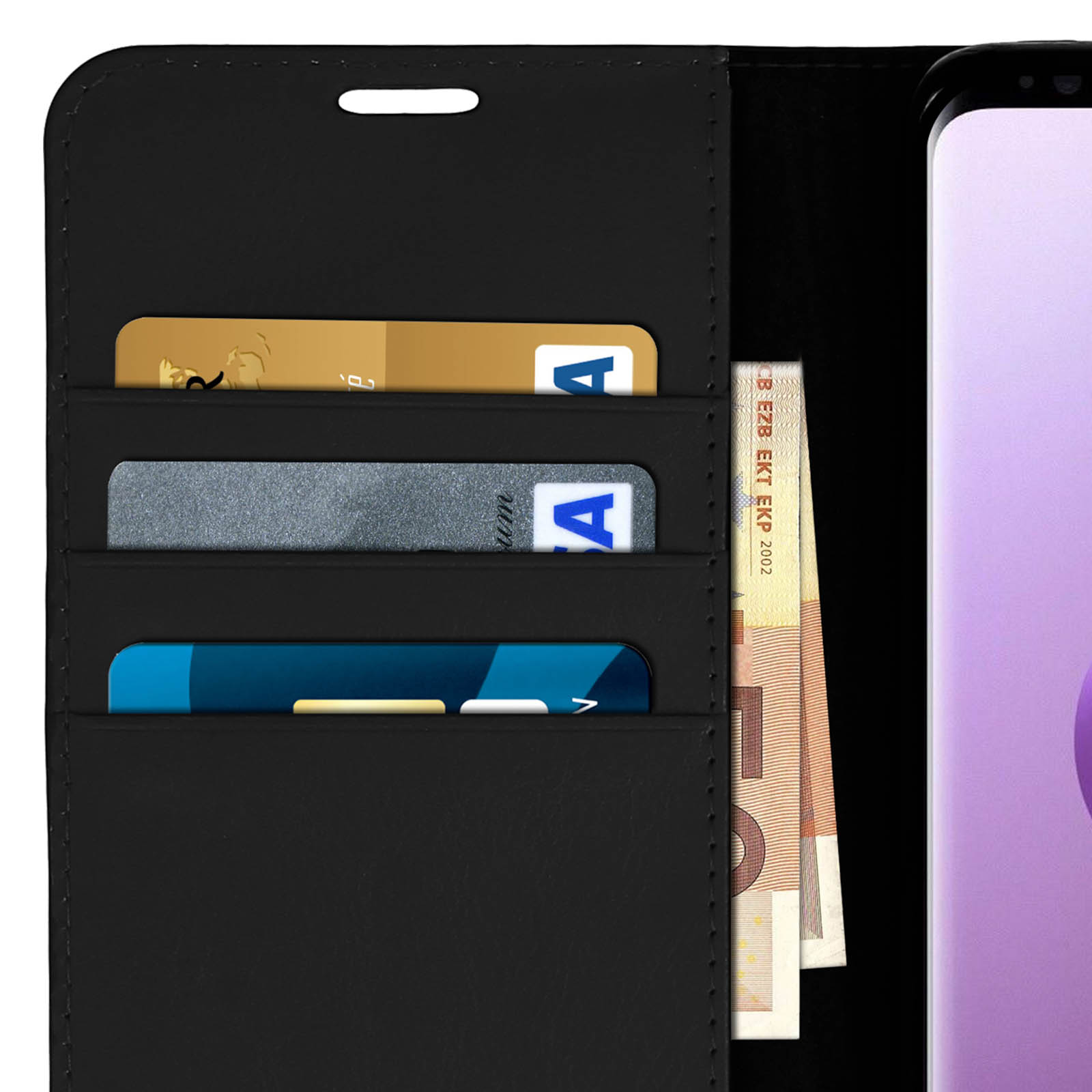 Una custodia per telefono aperta che mostra una carta di credito, un'altra carta e alcune banconote in euro.