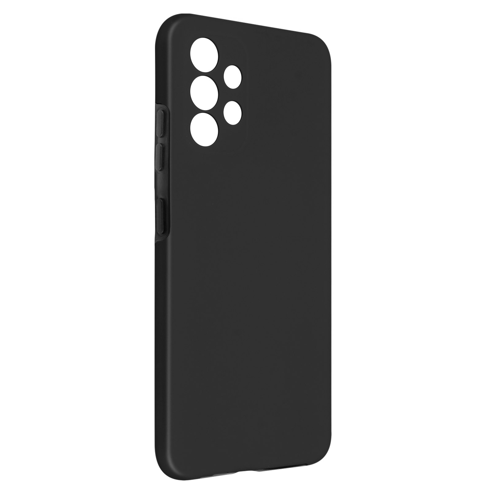 Coque de téléphone noire, vue arrière. Découpes pour caméra et boutons. Fond blanc propre.