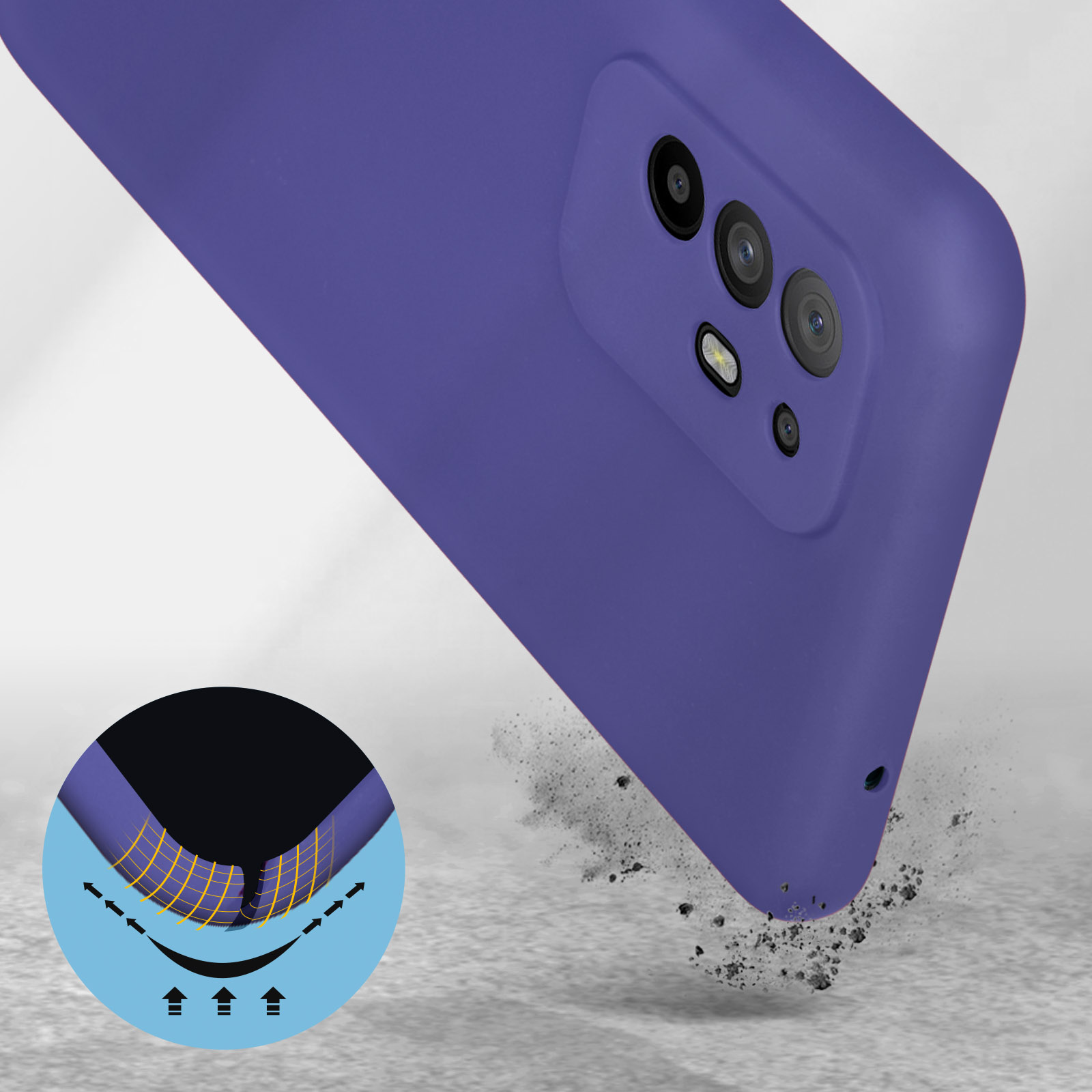 Primo piano di una custodia viola per telefono. La custodia sta cadendo con piccoli detriti in basso.