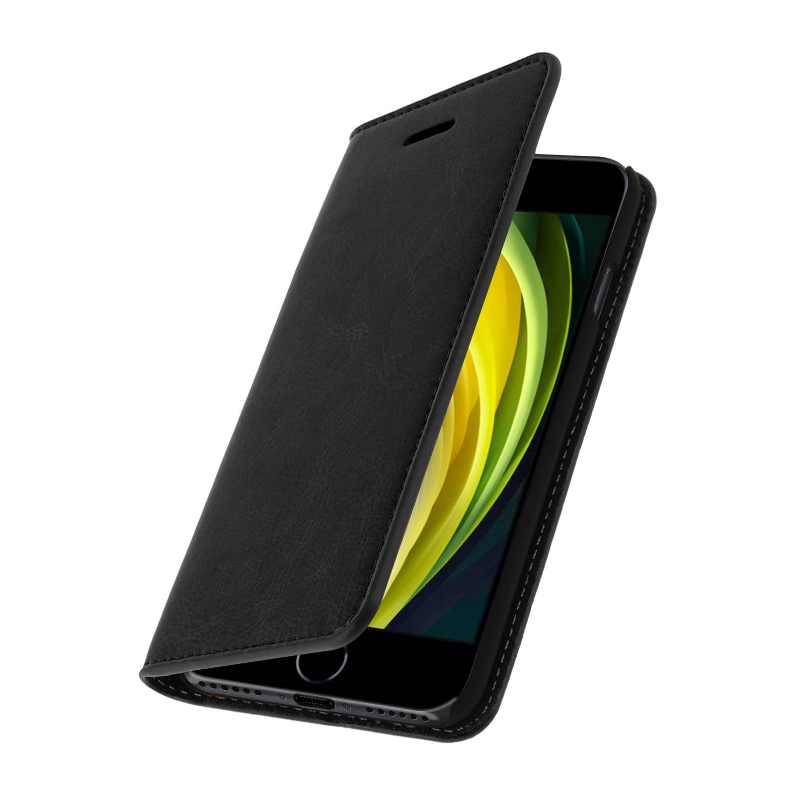 Custodia nera aperta, rivela lo schermo del telefono. La custodia è in similpelle, il telefono nero.