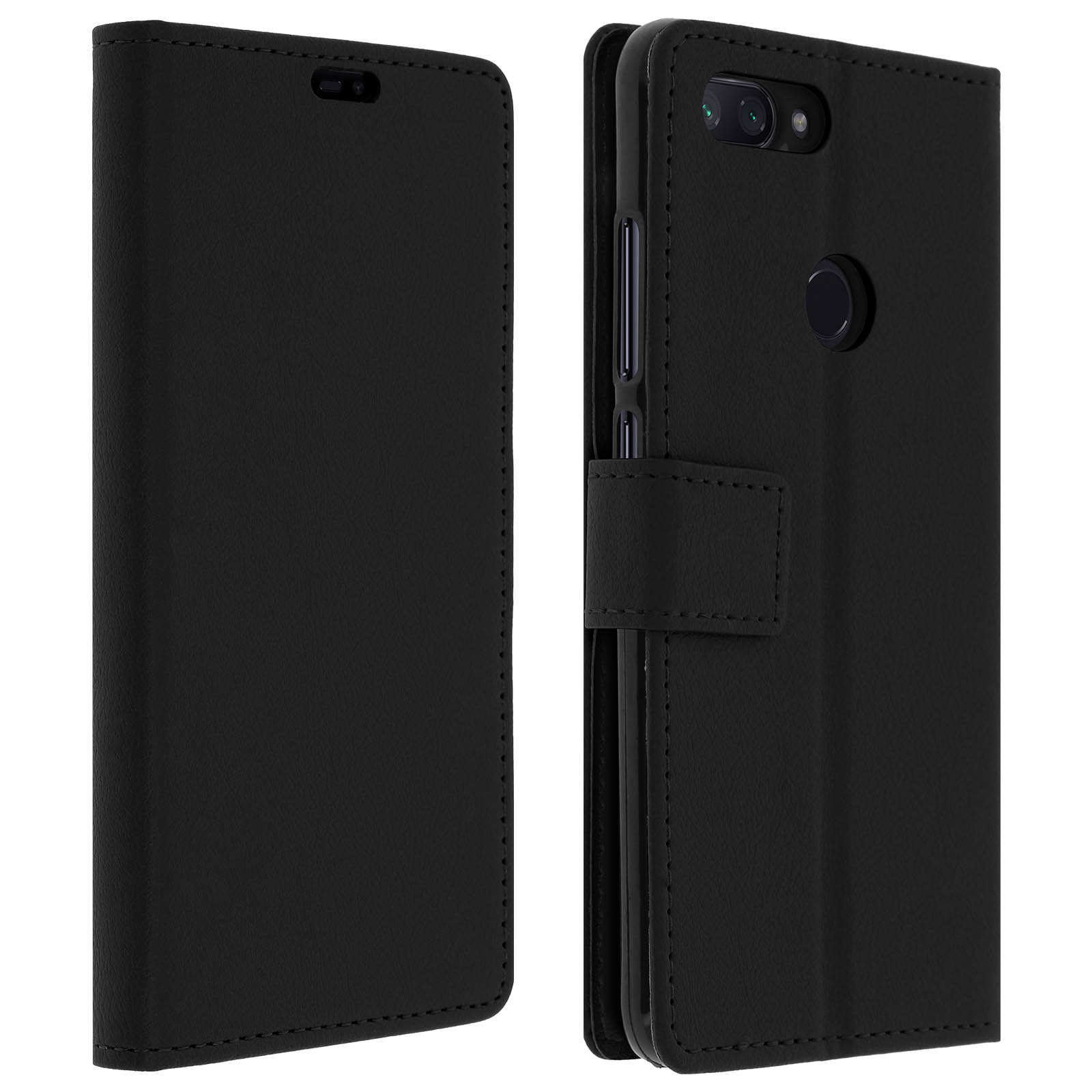 Custodia per telefono nera, chiusa e aperta. Il telefono e un fermaglio sono visibili.