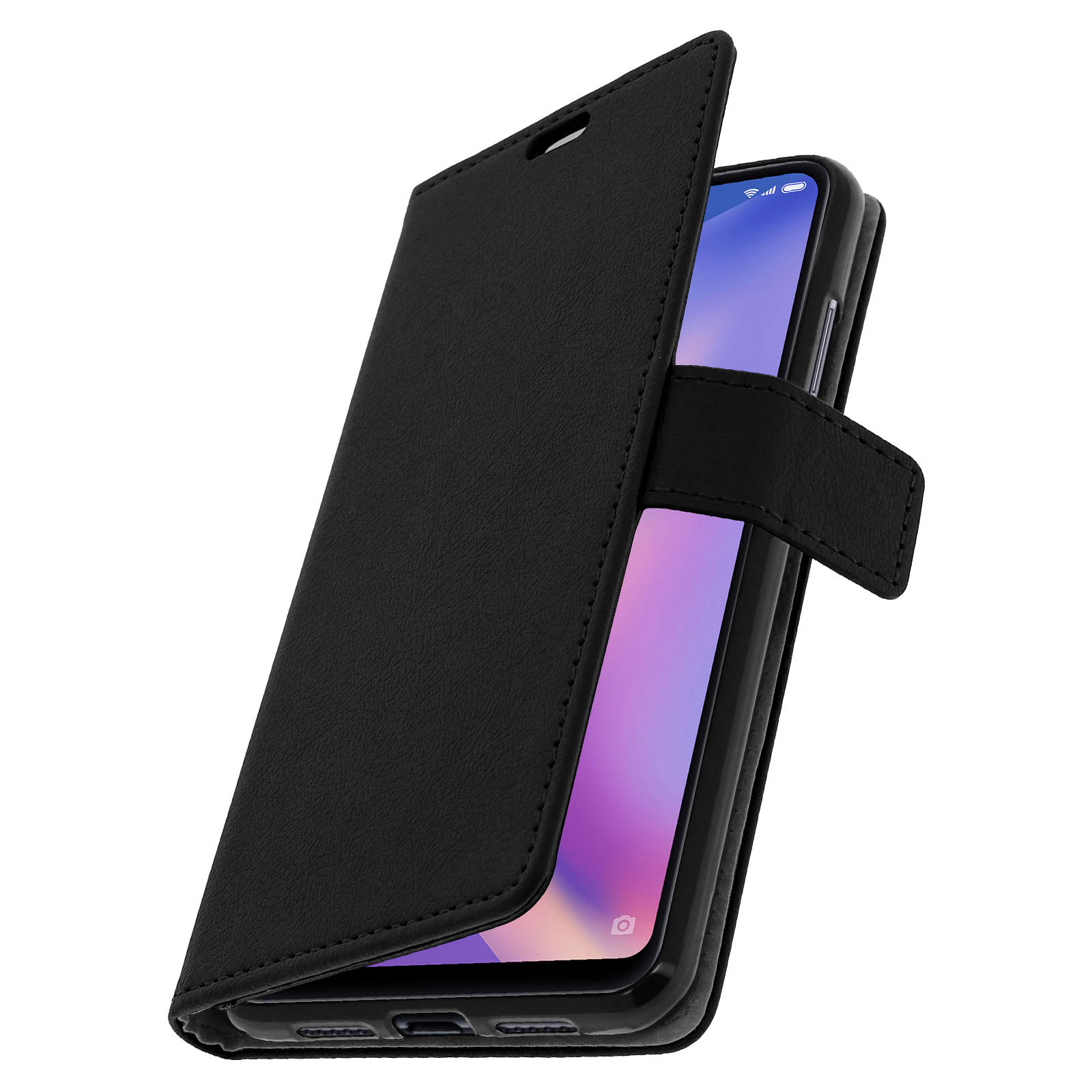 Custodia nera con cover aperta, che mostra lo schermo.