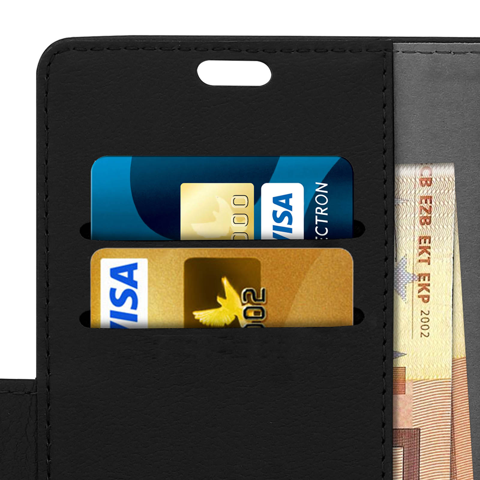 Custodia nera per telefono con carte all'interno. Due carte Visa e denaro visibili.