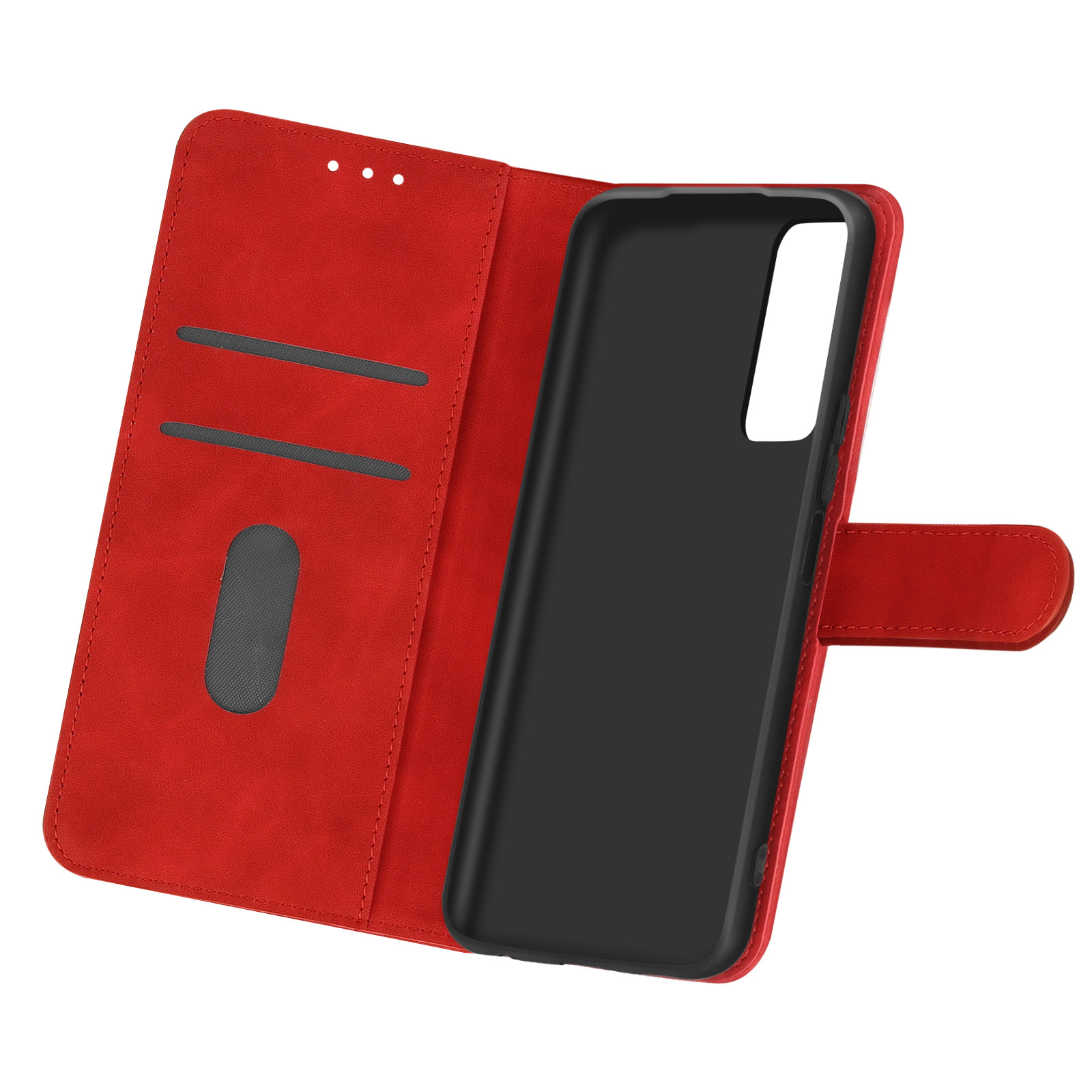 Custodia per telefono in pelle rossa, aperta, con fessure per carte e supporto per telefono nero.