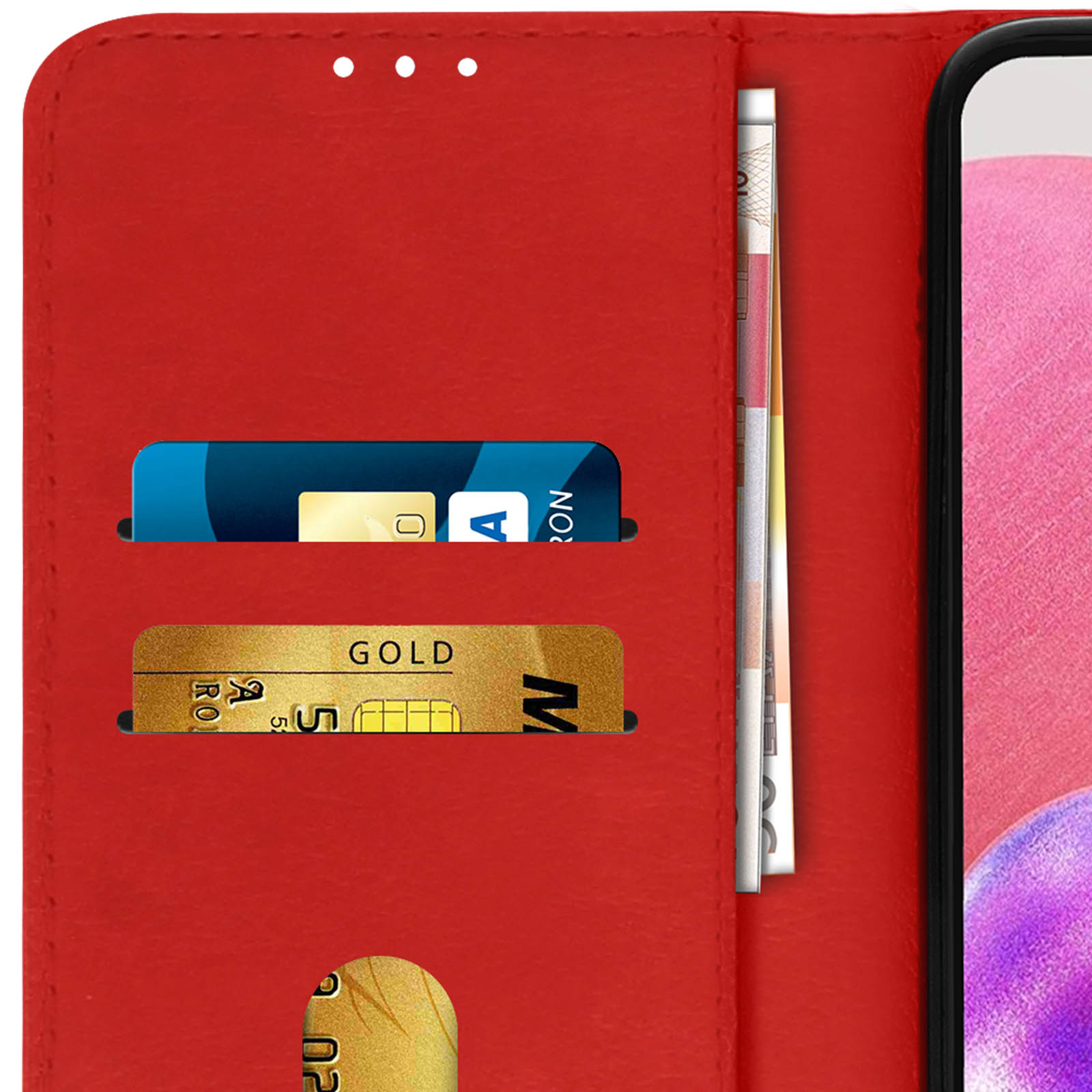 Un portafoglio rosso con carte di credito e un po' di soldi dentro.