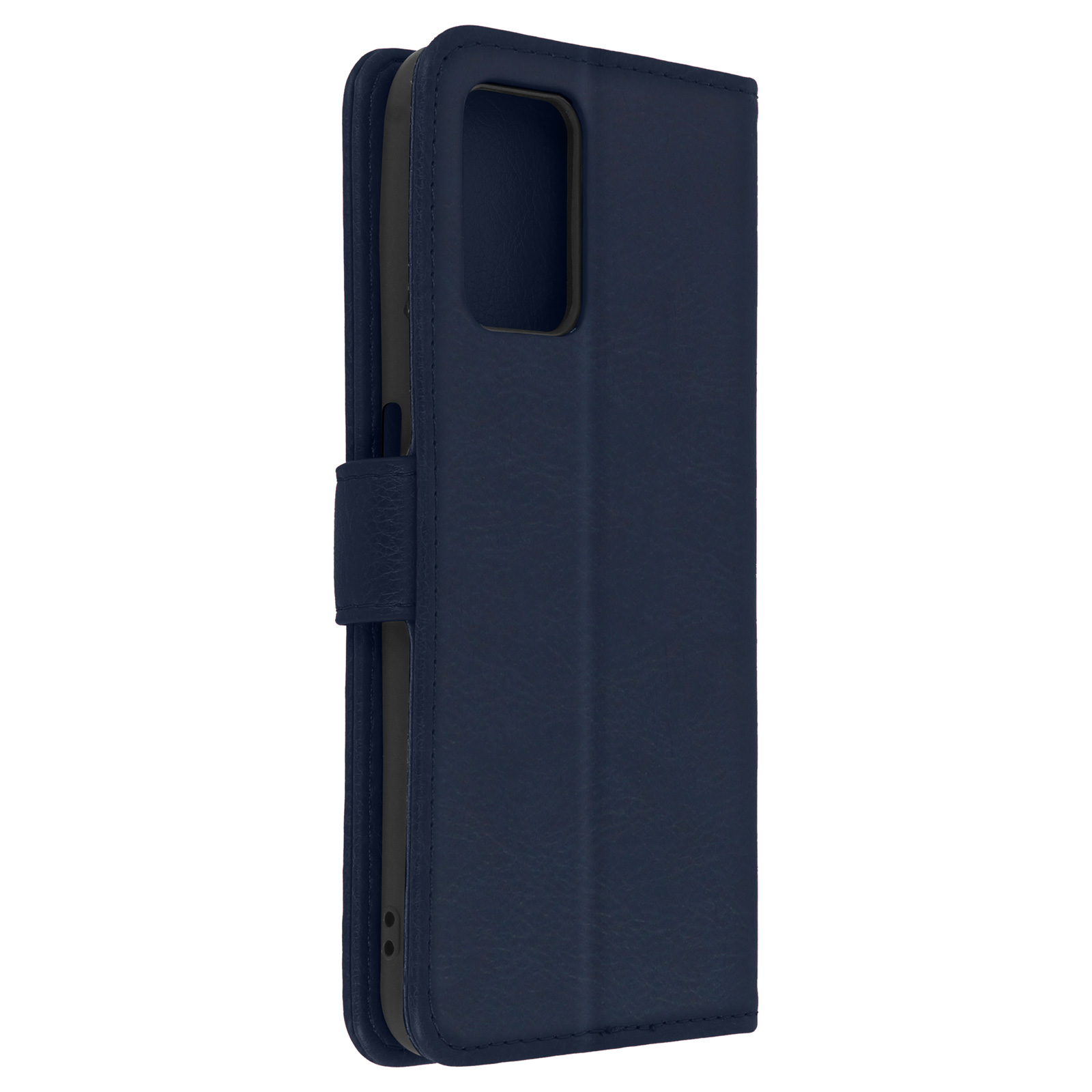 Un étui de téléphone en cuir bleu marine fermé avec une fermeture magnétique. L'intérieur est gris.