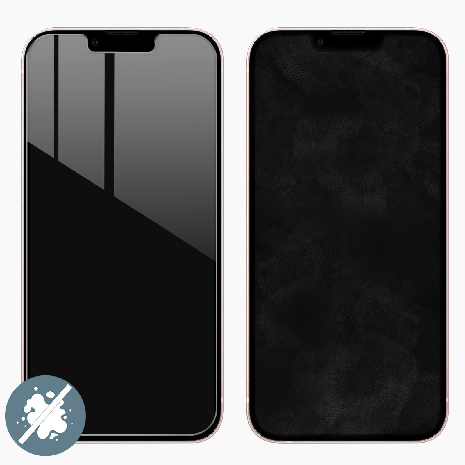Twee telefoons naast elkaar. Eén schoon scherm, de andere met vingerafdrukken.