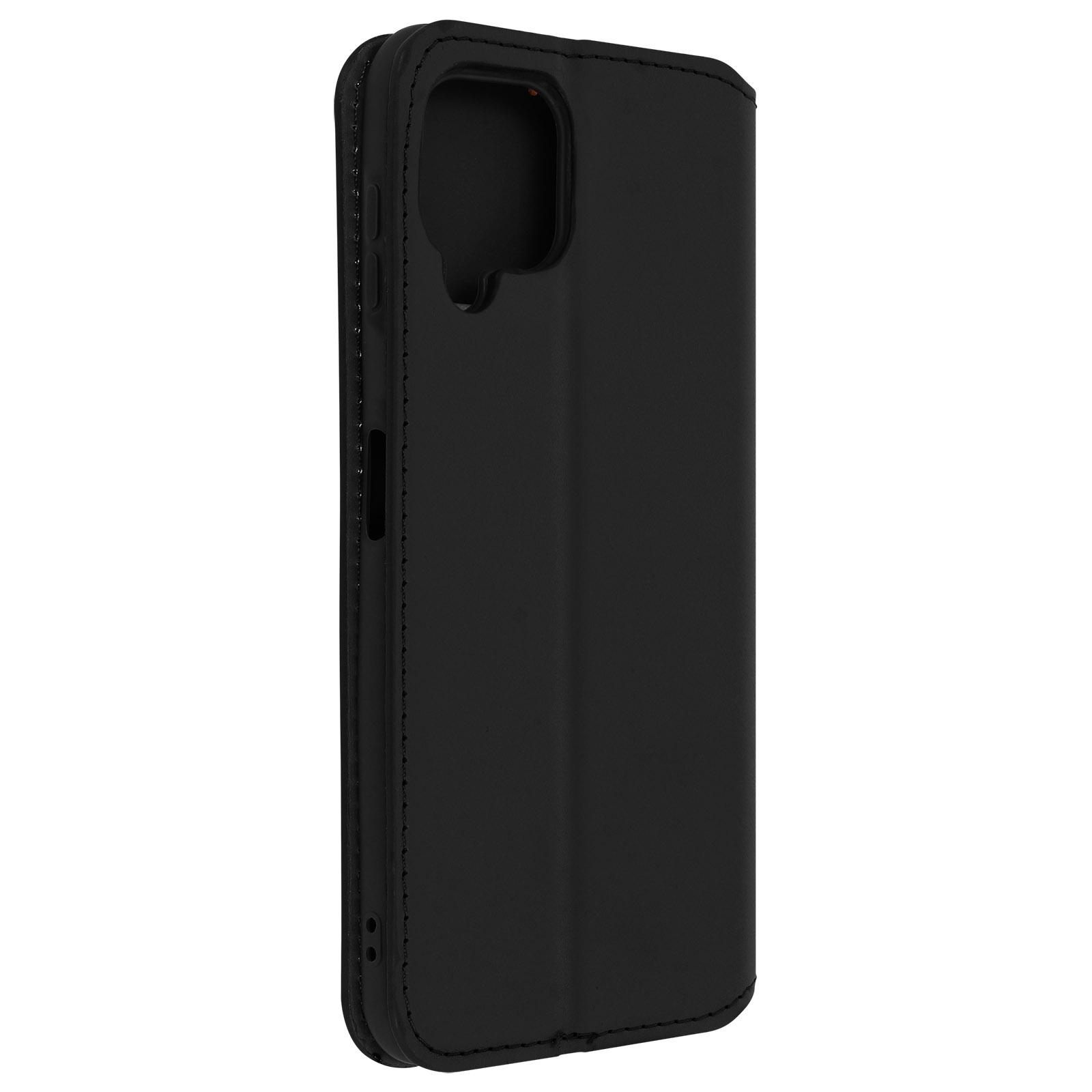 Étui de téléphone noir fermé, montrant le côté. Fond blanc.