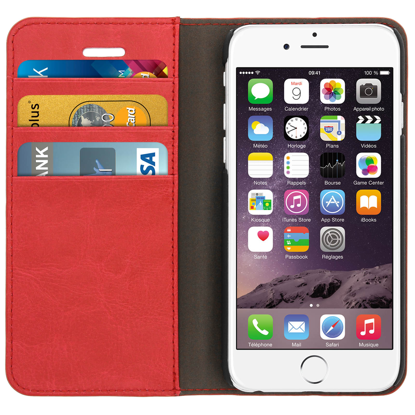 Custodia per telefono rossa aperta con un telefono. Le carte sono visibili negli slot.