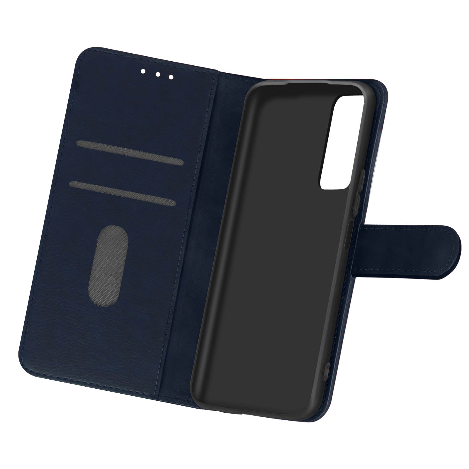 Una custodia per telefono blu aperta, che rivela l'interno della custodia. Il telefono non è presente.