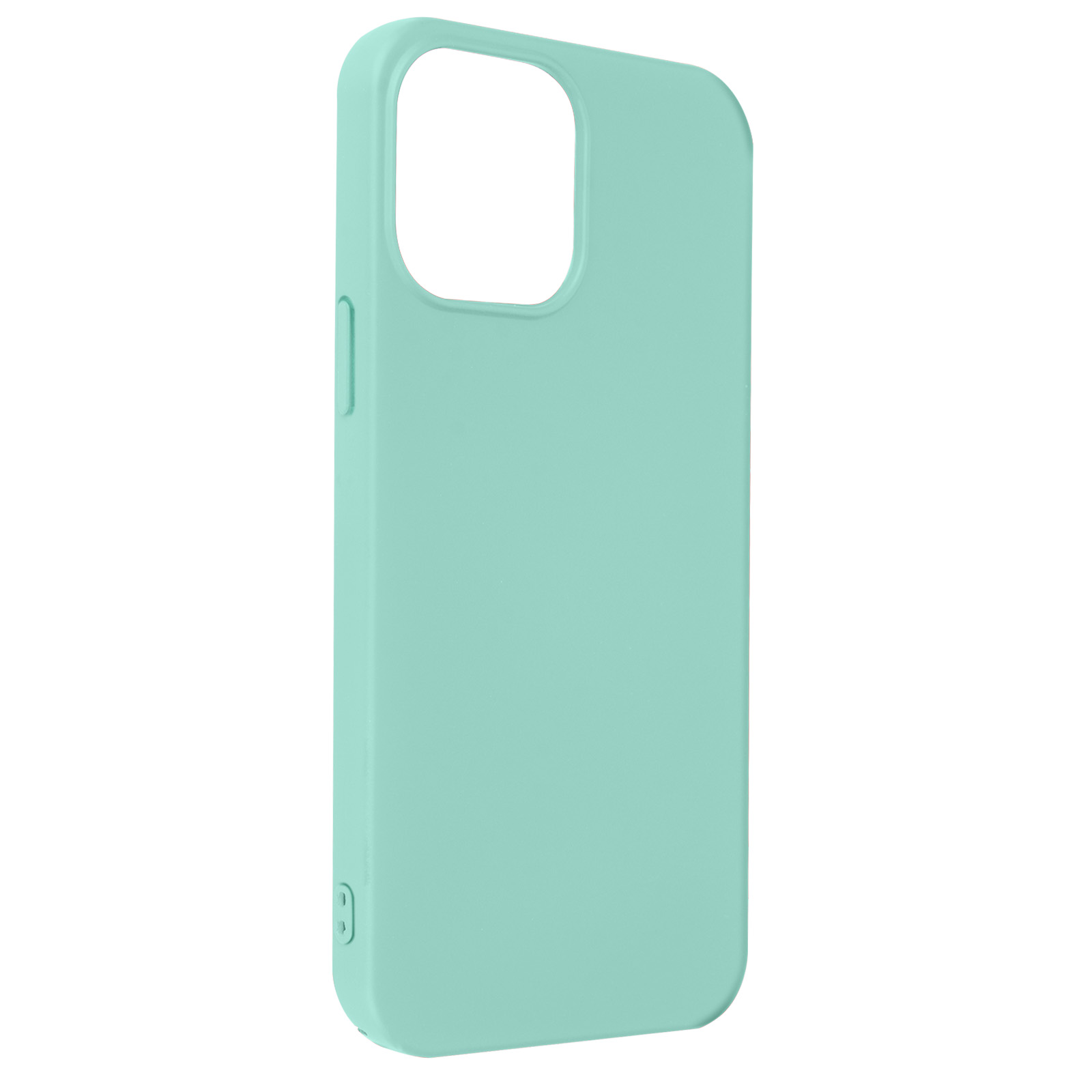 Un étui de téléphone vert menthe sur fond blanc. Il a une découpe pour la caméra et les boutons.