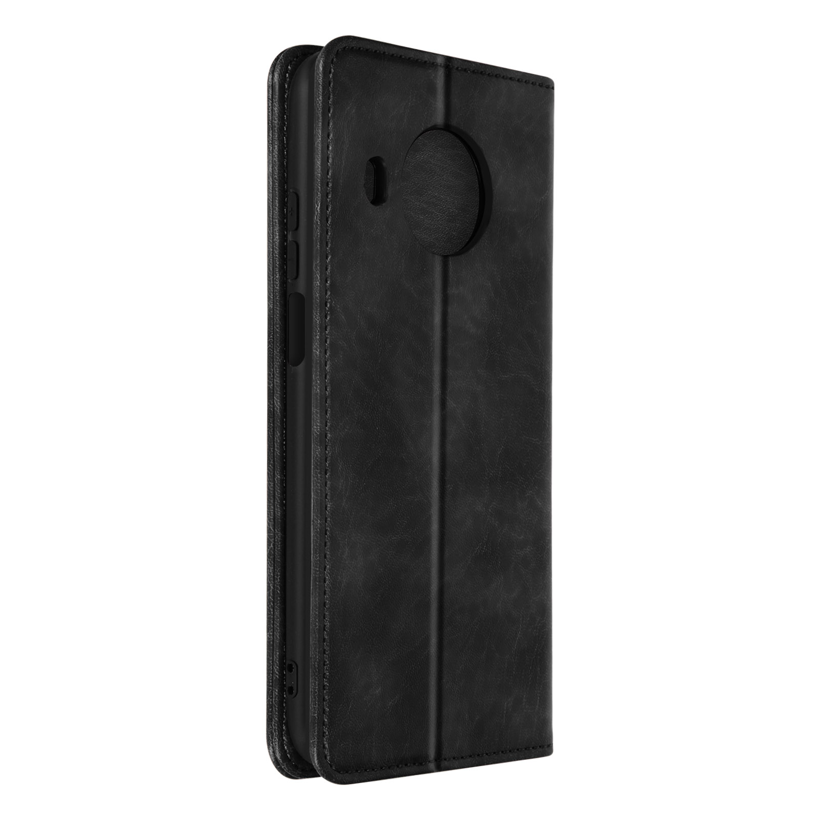 Custodia per telefono in pelle nera chiusa. Che mostra il lato. Sfondo bianco.