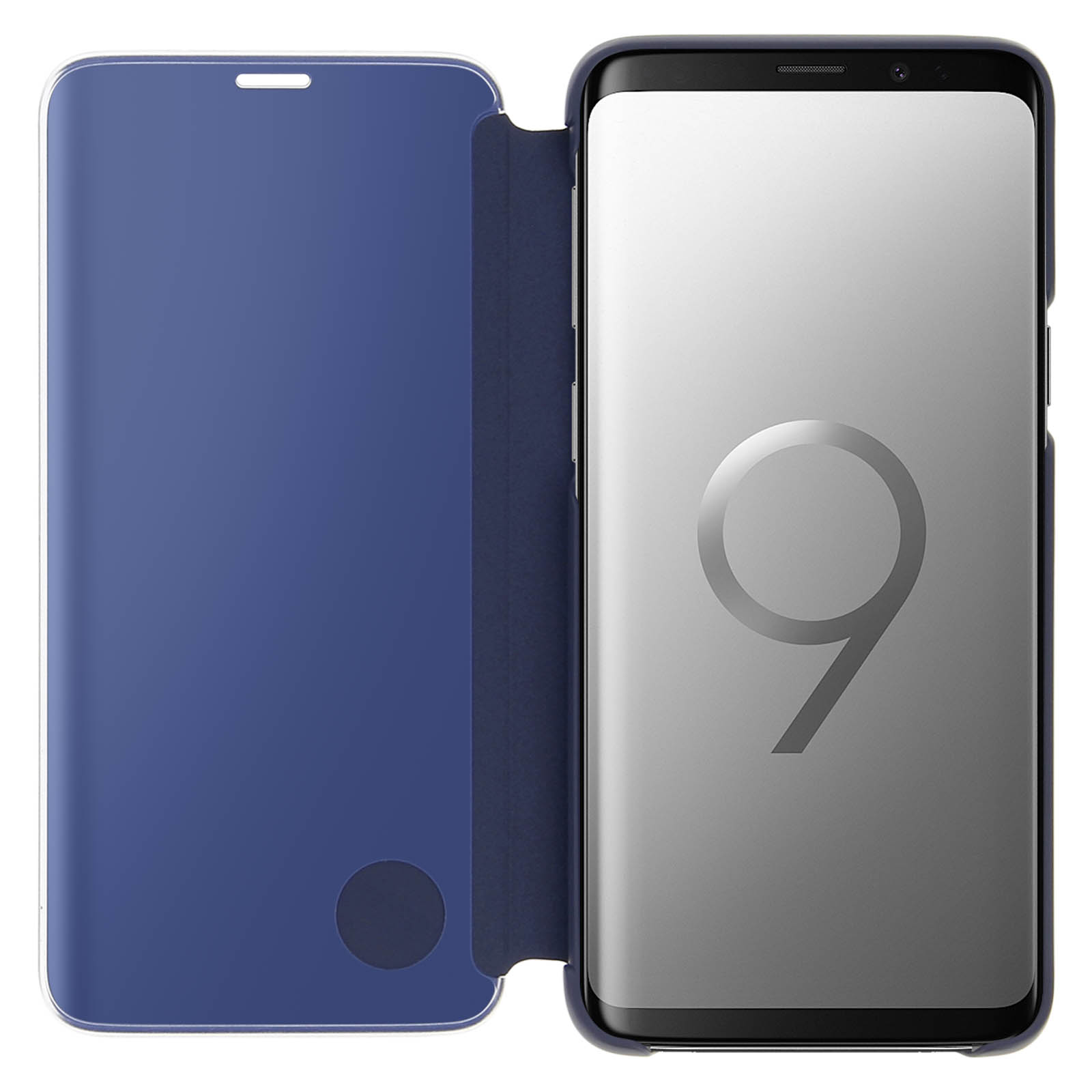 Funda azul de teléfono abierta. Un teléfono está dentro. El teléfono muestra un gran número 9 en la pantalla.