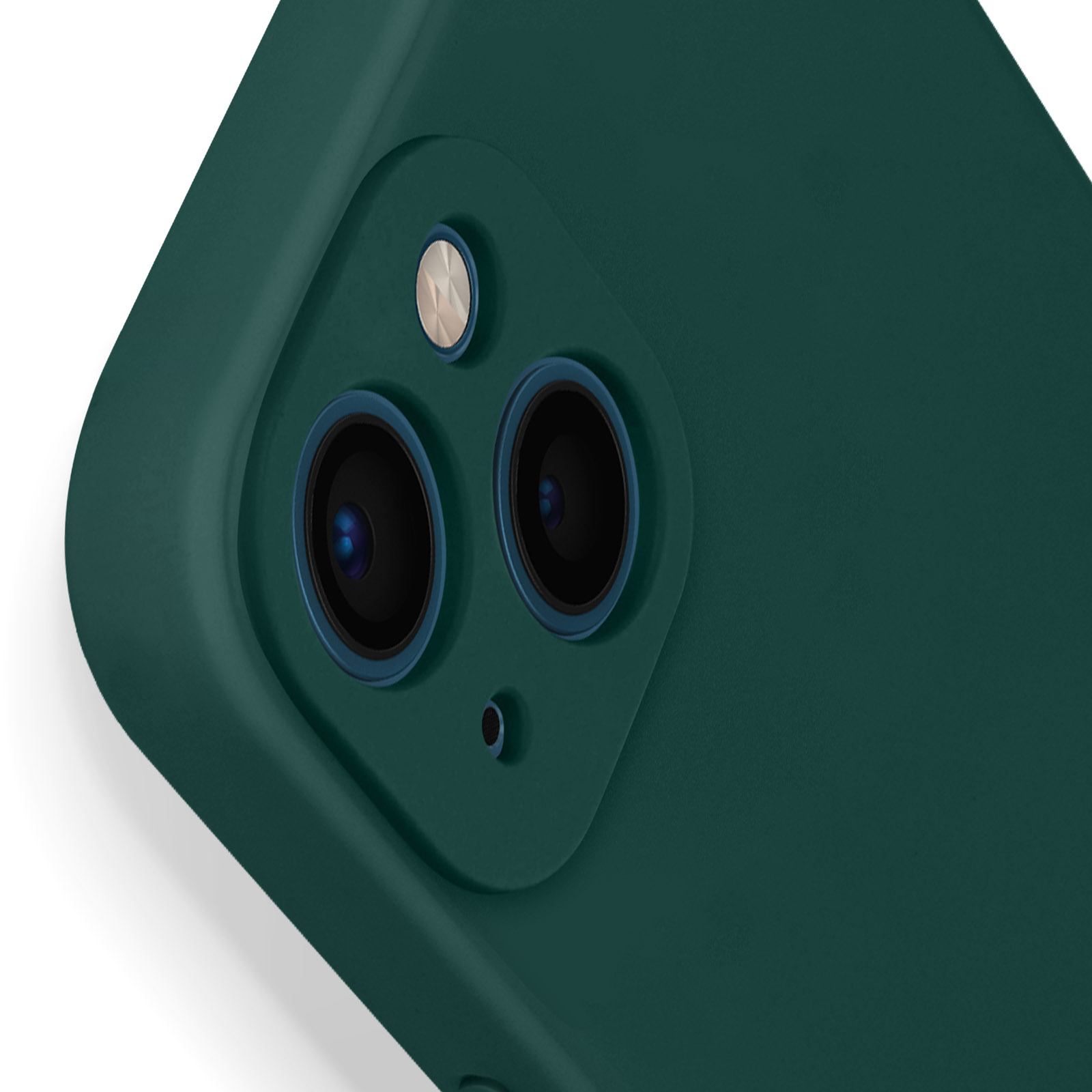 Custodia per telefono verde scuro con due obiettivi della fotocamera. Sfondo bianco.