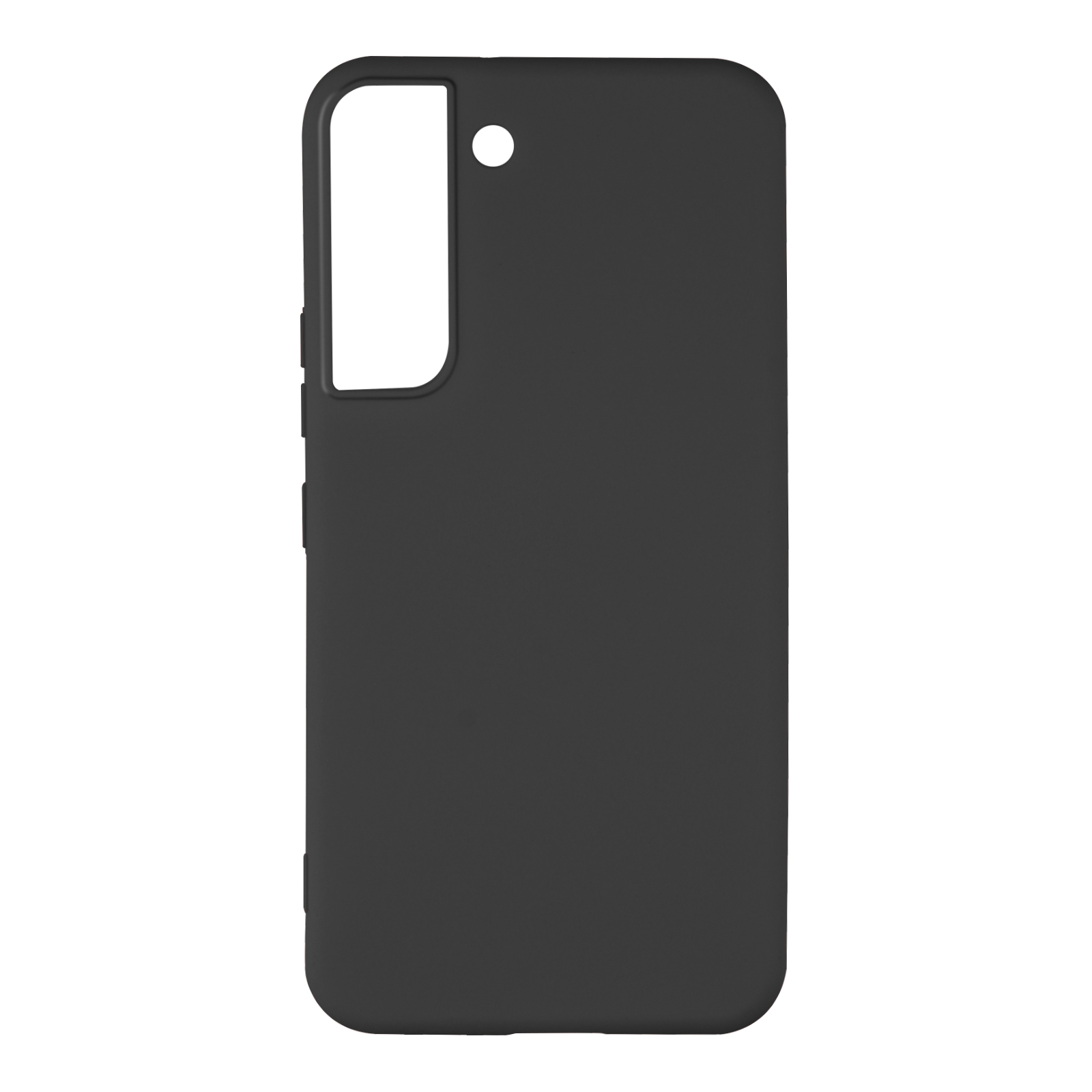 Zwarte telefoonhoes. Eenvoudig ontwerp. Camera-uitsparing. Zijknoppen.