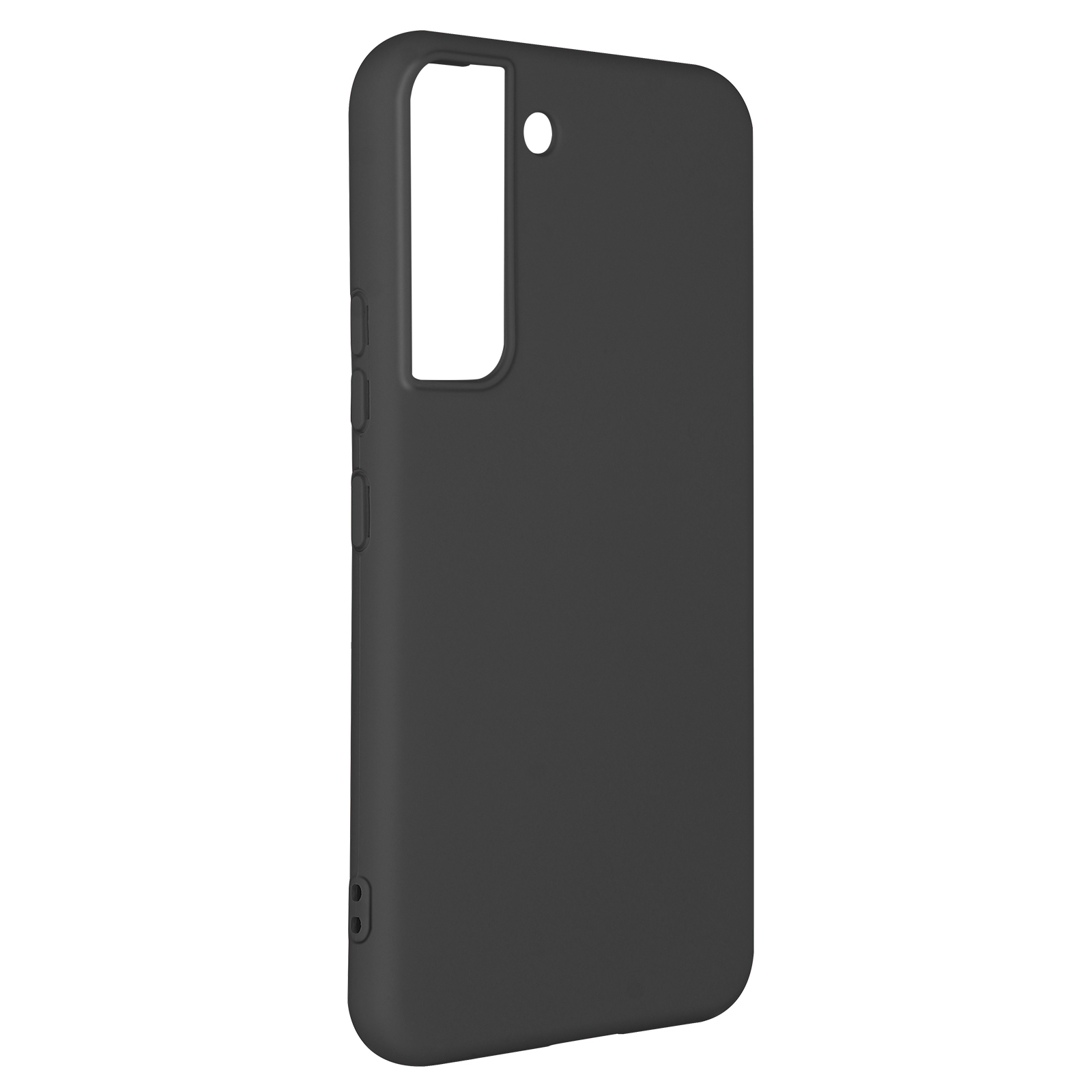 Zwarte telefoonhoes, close-up. De hoes is zwart, met het cameralgat zichtbaar.
