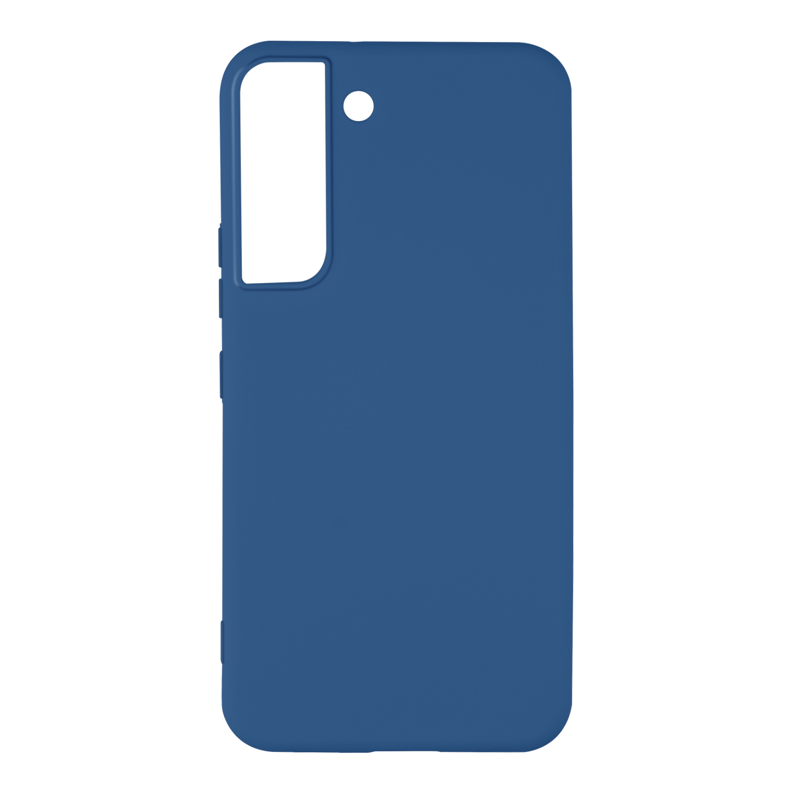 Blauwe telefoonhoes. Effen kleur met openingen voor de camera en knoppen. Witte achtergrond.