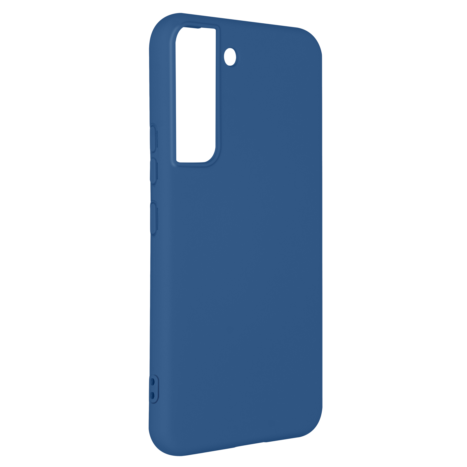 Blauwe telefoonhoes, rechtopstaand, met zichtbare zijknoppen.