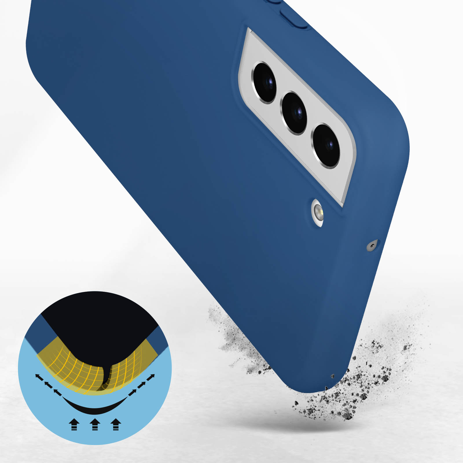 Blauwe telefoonhoes met impactbeschermingsafbeelding. Witte achtergrond met zwarte en blauwe elementen.