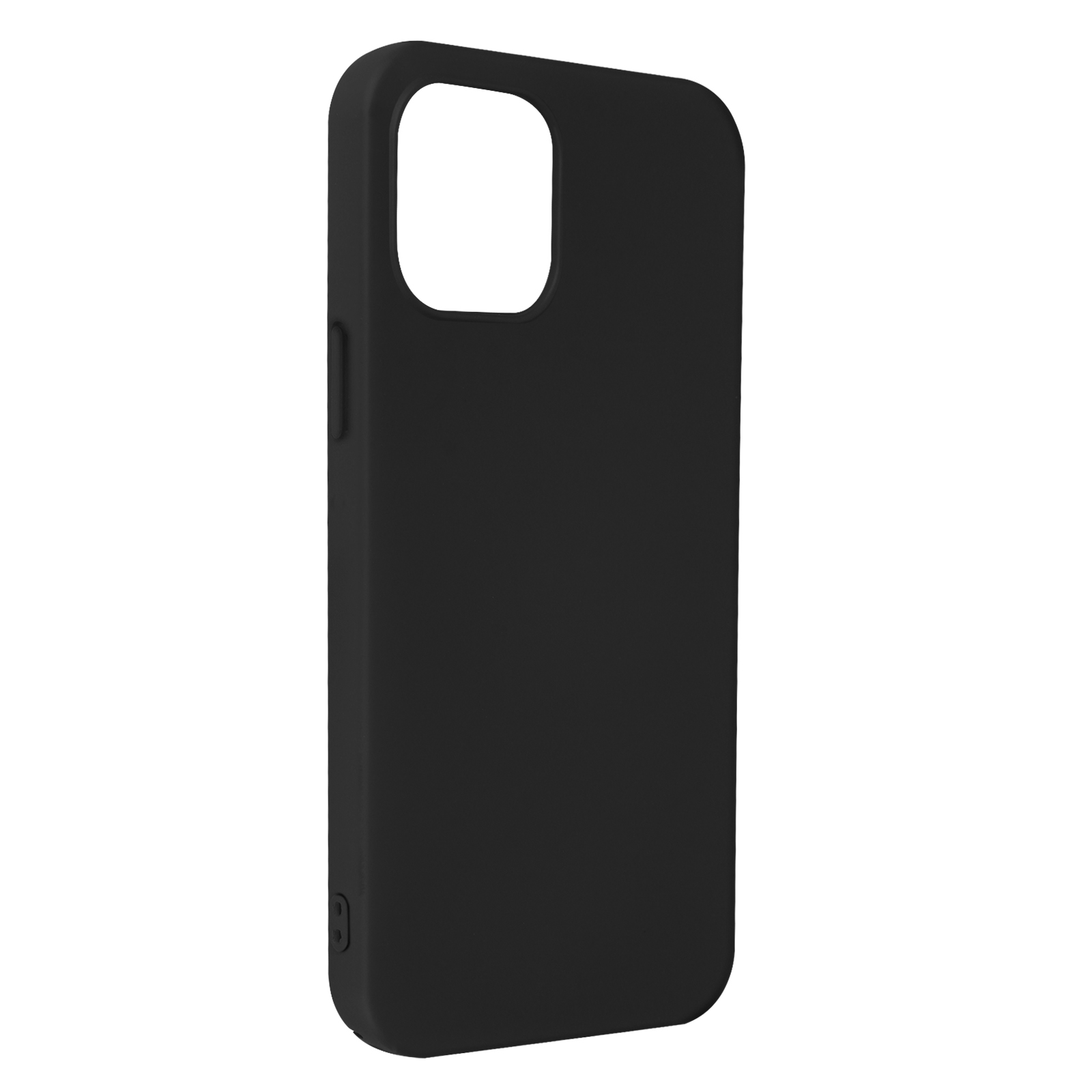 Zwarte telefoonhoes. Het heeft een cameragat en uitsparingen voor knoppen. Eenvoudig en strak ontwerp.