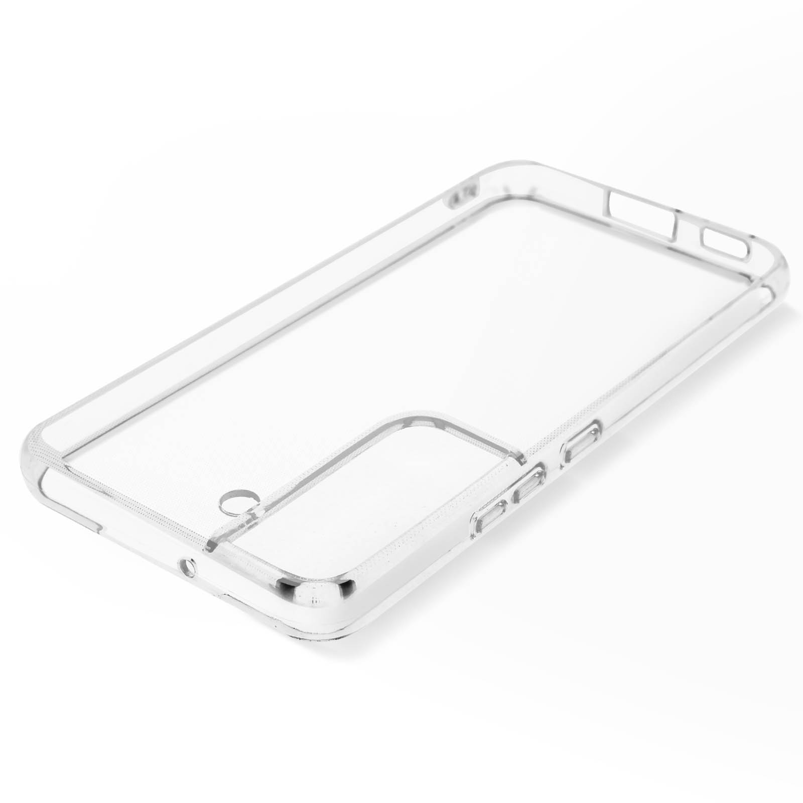 Una custodia trasparente per telefono. Pulsanti e fotocamera visibili. Sfondo bianco.